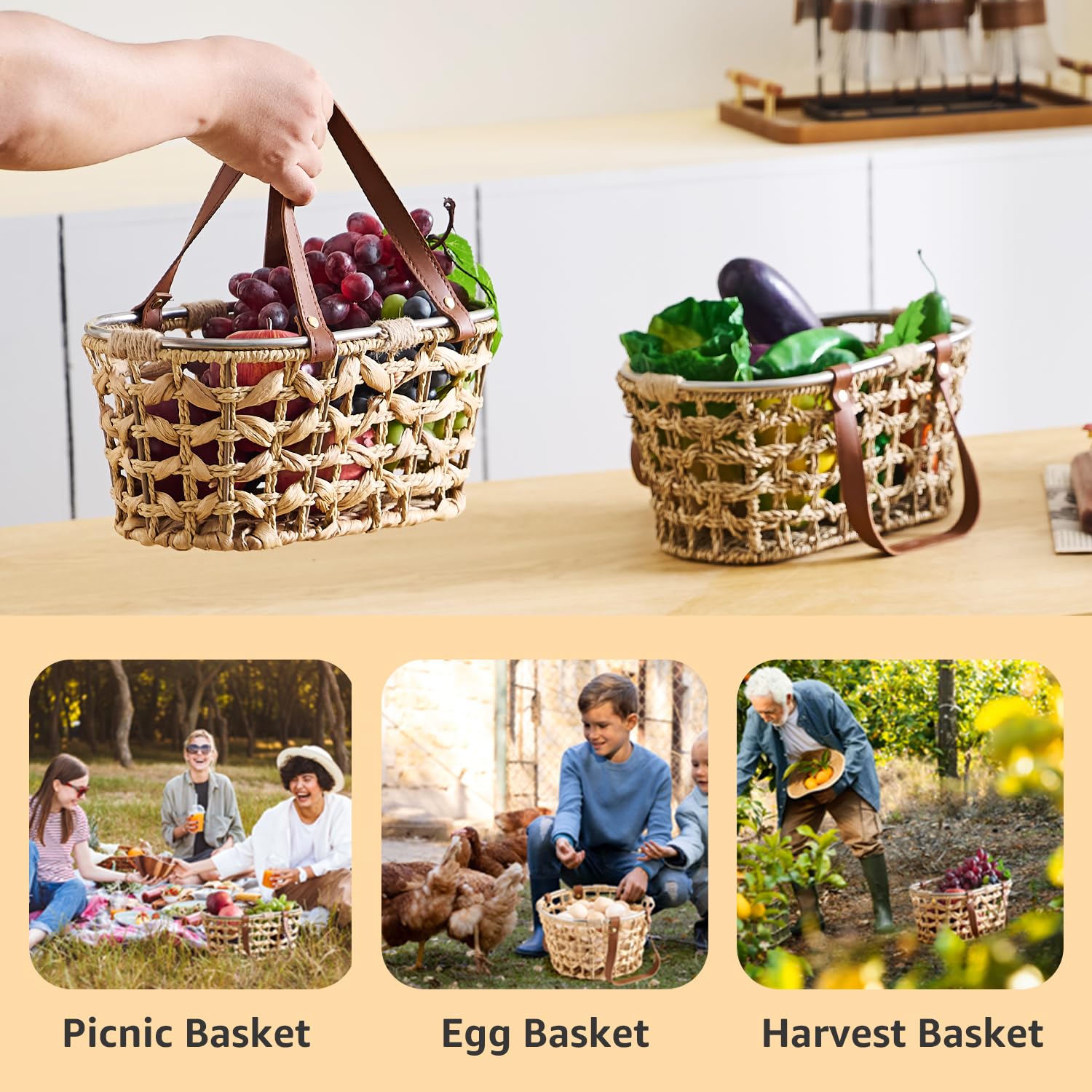 Handmade Wicker Egg Basket - Farmhouse Seagrass Oval Storage Basket with Handle for Collecting Fresh Eggs | Perfect for Chicken Coops, Easter Decor, Picnics, Harvest Display & Bread Storage