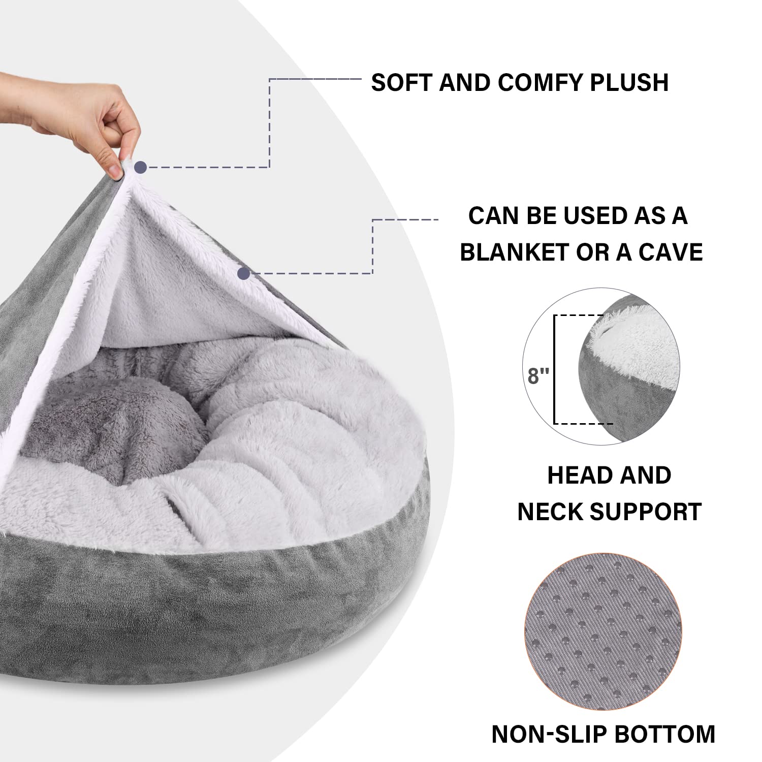 MICOOYO Medium Donut Dog Bed with Hooded Blanket - Washable Round Cuddler Pet Bed for Small to Medium Dogs & Cats (27 Inch, Grey) - Perfect for Indoor Lounging, Crate Comfort & Cozy Napping