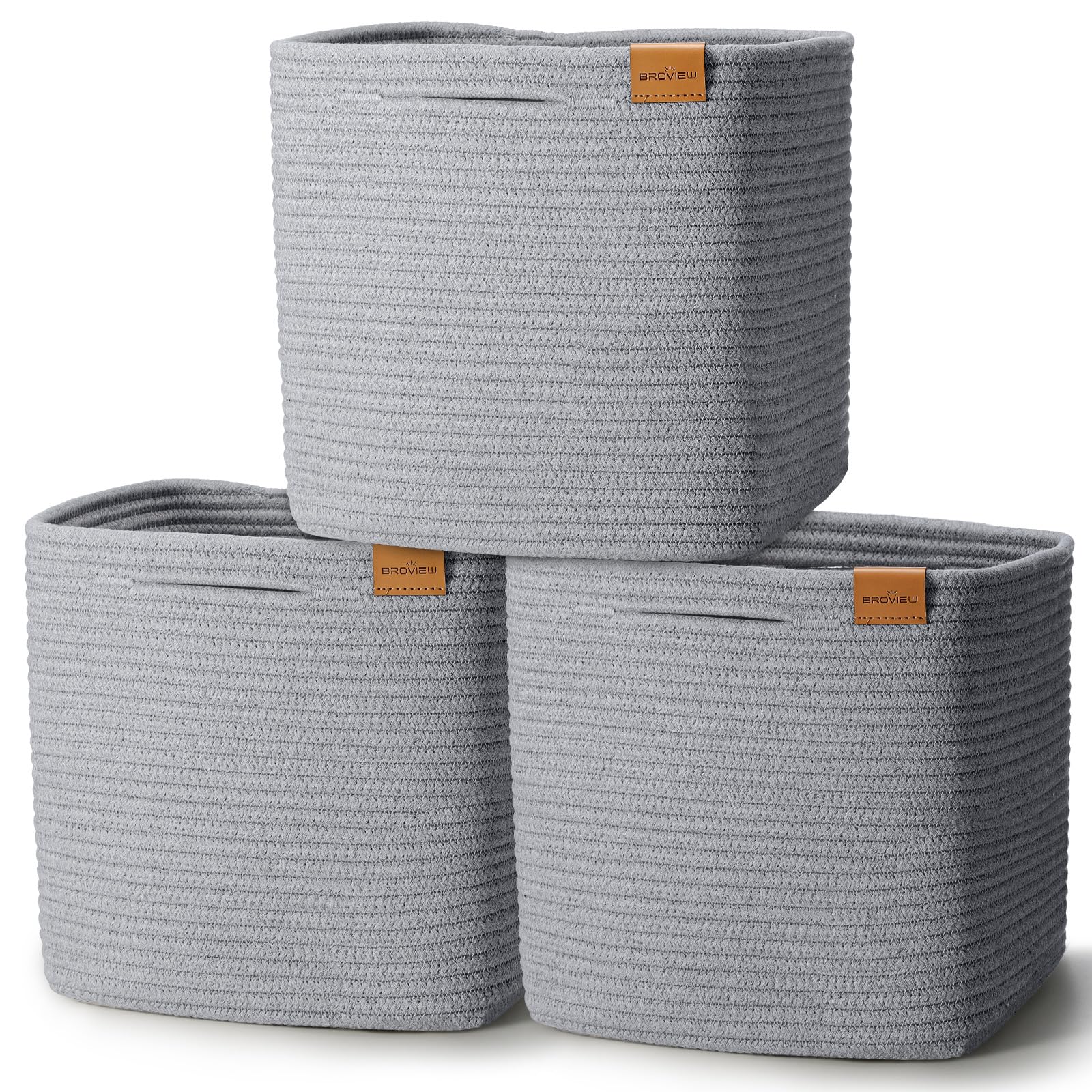 11 Inch Woven Storage Cubes - 3 Pack Cotton Rope Baskets for Shelves, Closet & Toy Organization | Kids Room, Nursery & Classroom Storage Solutions | Light Grey Home Decor Bins