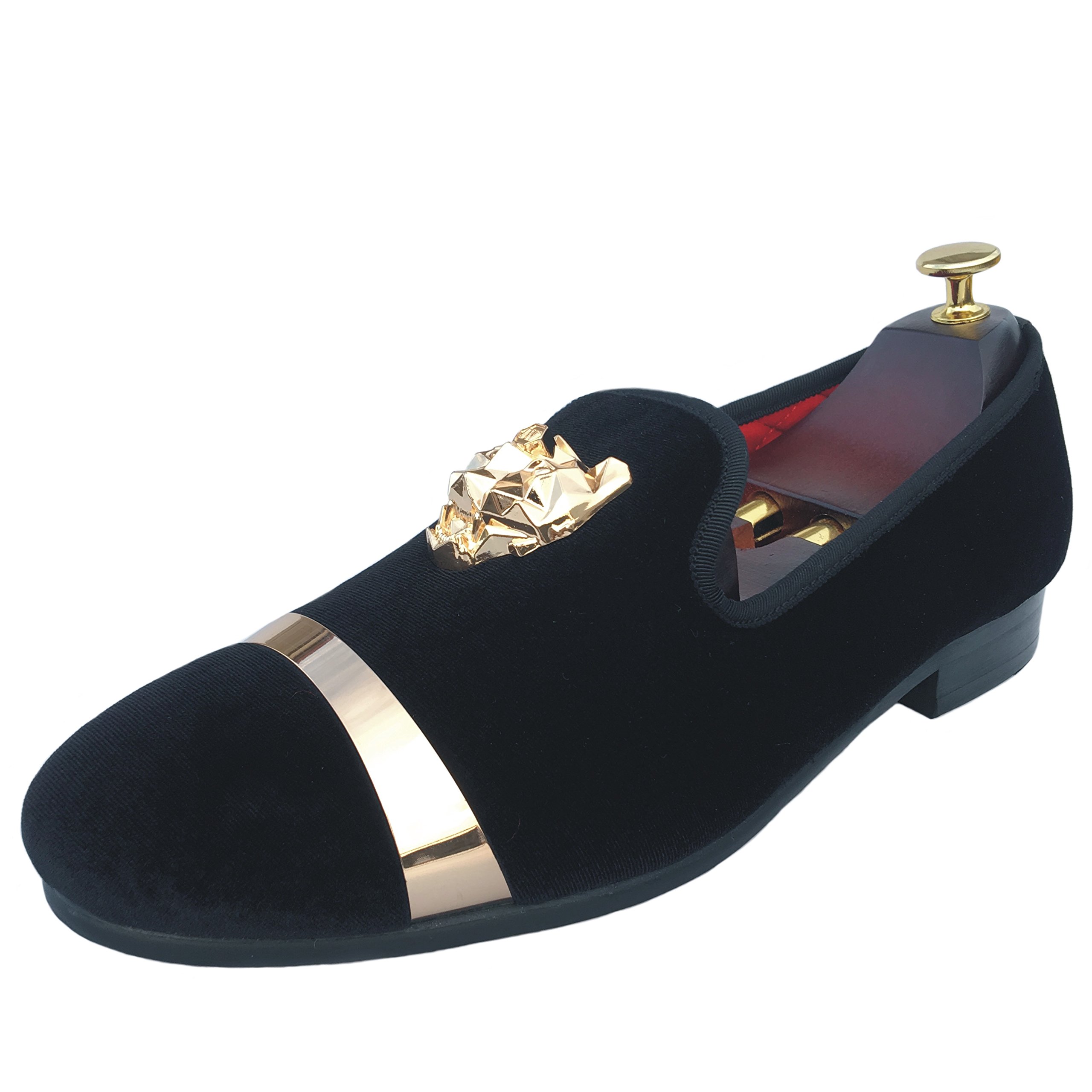Men's Black Velvet Loafers with Gold Buckle - Formal Slip-On Dress Shoes for Weddings, Smoking, and Evening Events