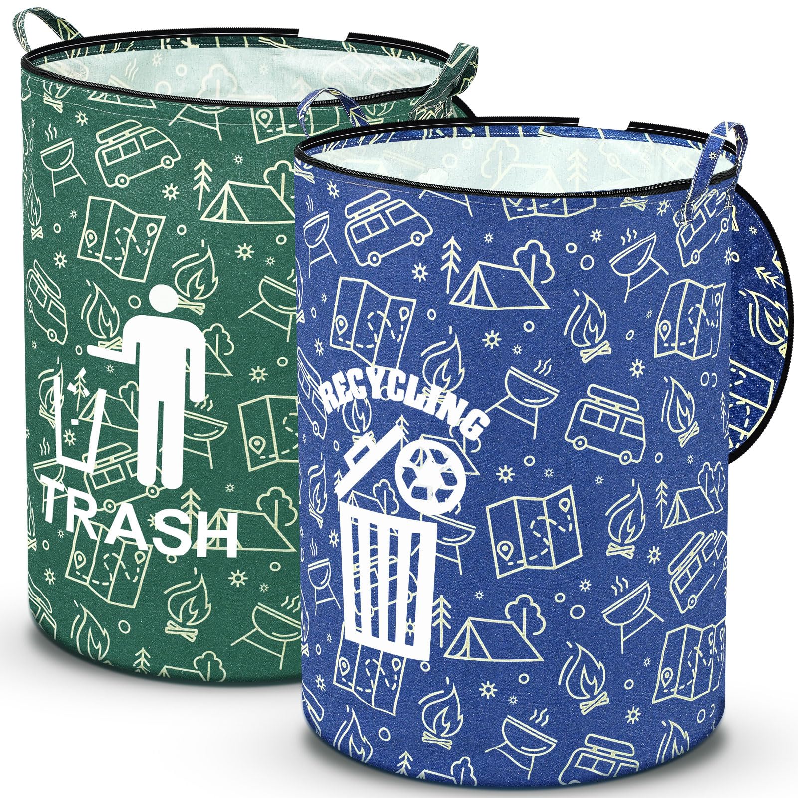 2 Pack Collapsible Trash Can with Zippered Lid - Foldable Storage Bin for Camping, RV, Yard Waste & Recycling - Portable Garbage Can for Outdoor, Picnics, Beach & Travel