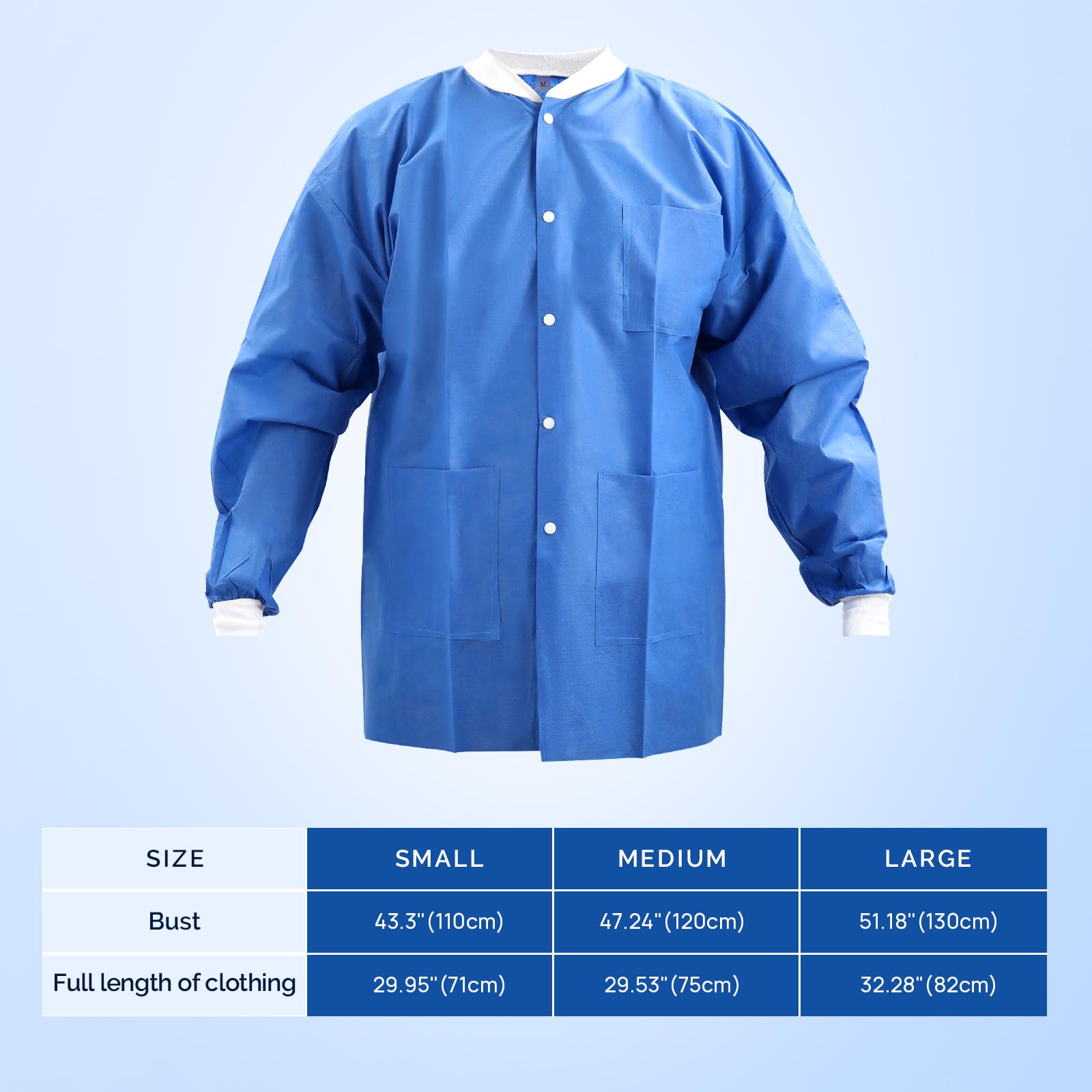 JMU 10-50 Pack Disposable Lab Coats for Men & Women - SMS Medical Jackets with Knit Cuffs & Collar, 3 Pockets - Ideal for Hospitals, Labs, Cleanrooms & Healthcare Workers