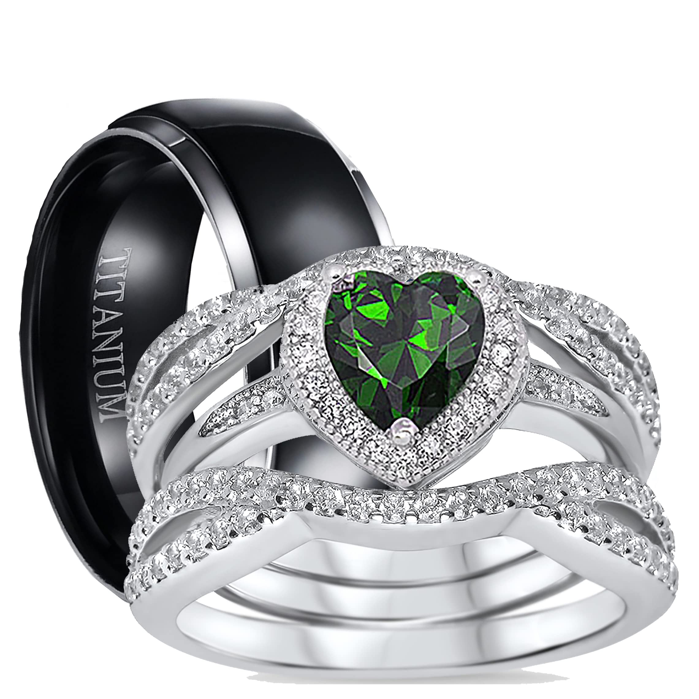 His & Hers Wedding Ring Set - 3 PCS Bridal Engagement Rings for Couples