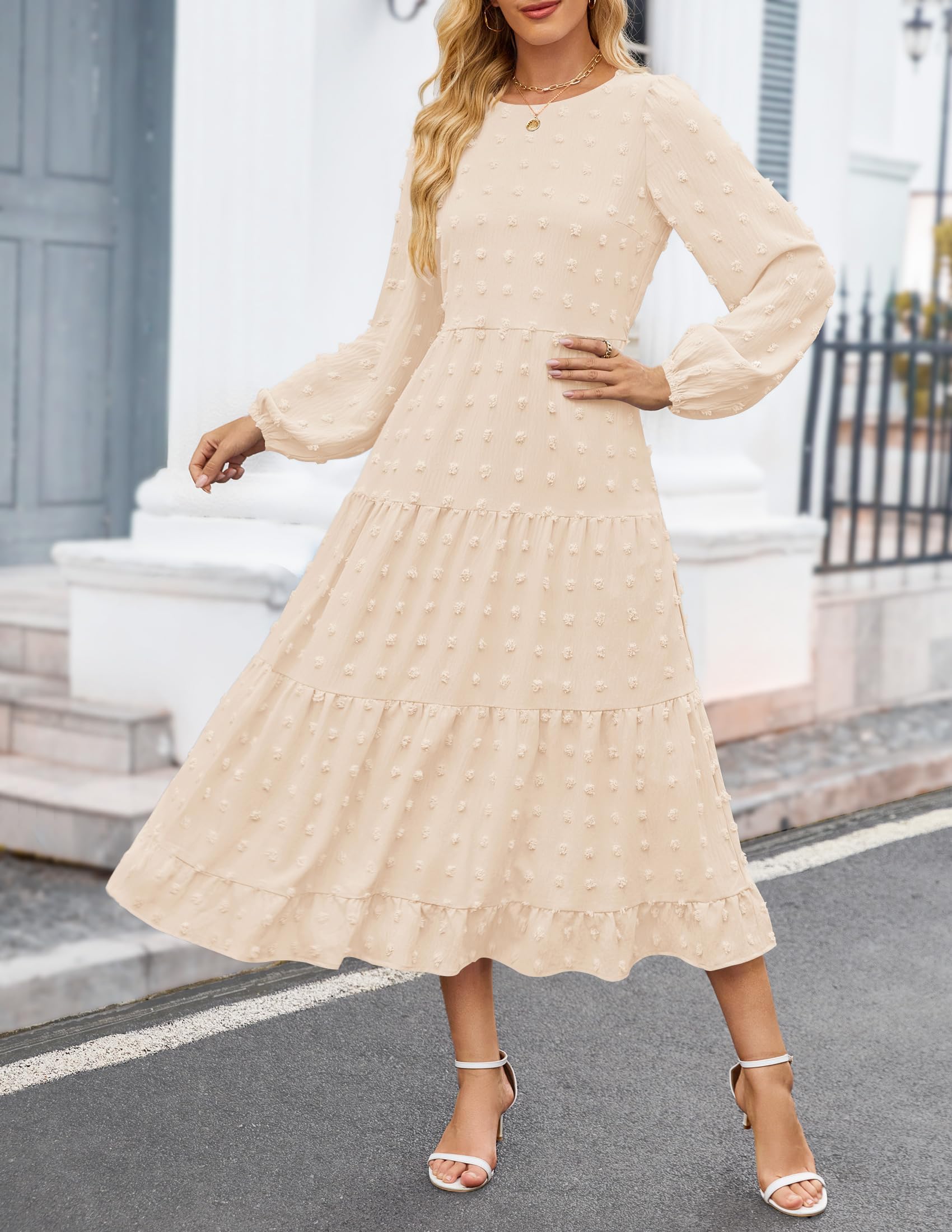 ZESICA Women's Long Sleeve Swiss Dot Maxi Dress - Casual Crew Neck Tiered A-Line Flowy Dress for Wedding Guest, Spring Party, Date Night & Special Occasions