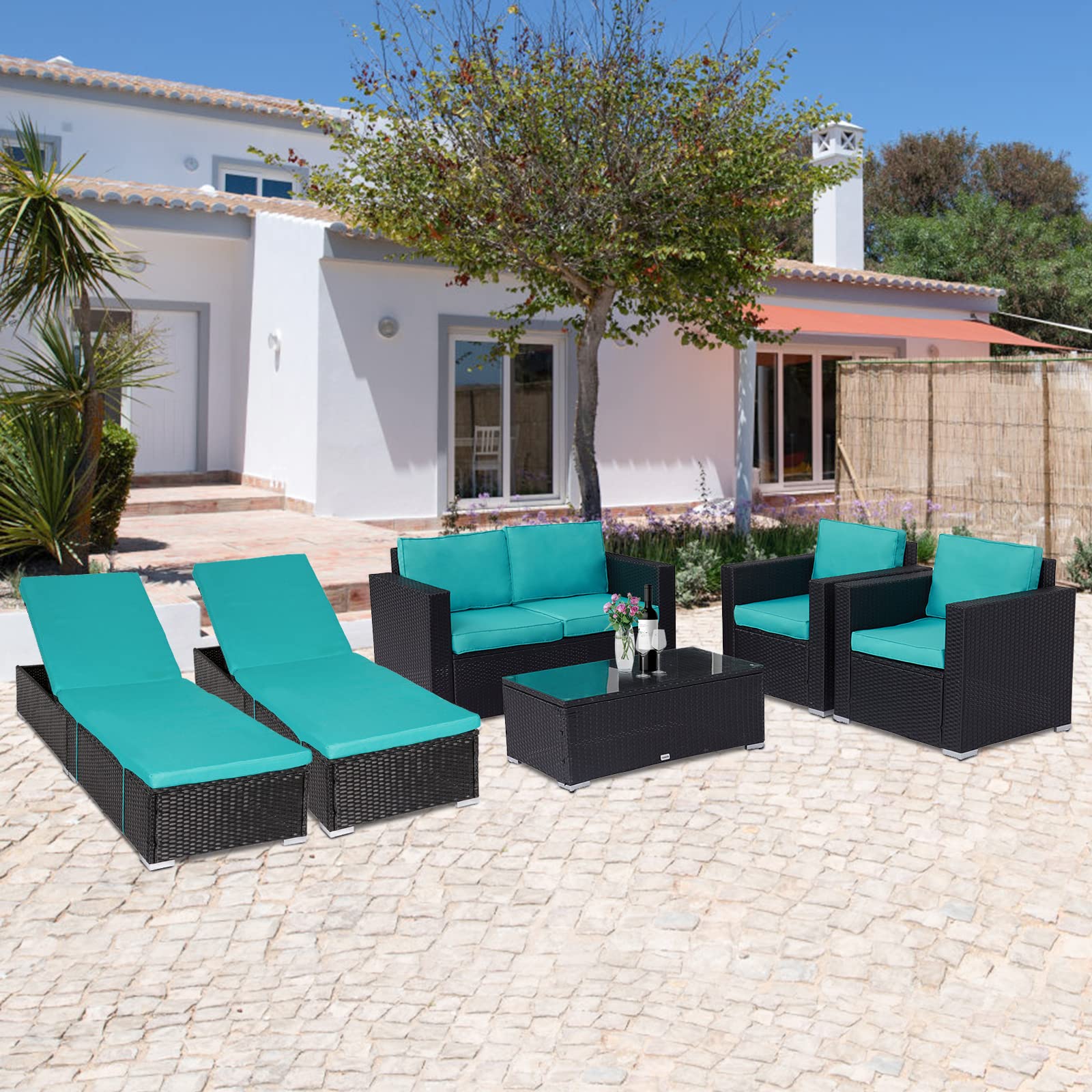 7-Piece All-Weather PE Wicker Patio Furniture Set with Sectional Sofa, Coffee Table & 2 Chaise Lounges - Turquoise Outdoor Garden Conversation Set for Backyard, Poolside & Deck Relaxation