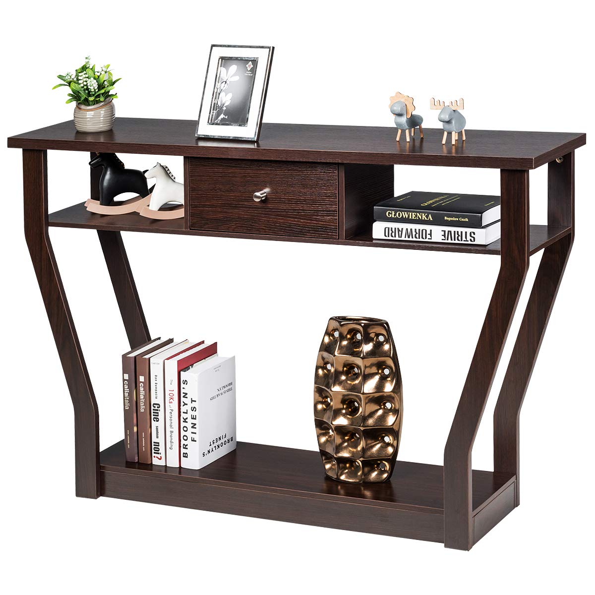 3-Tier Wooden Console Table with Drawer - 47