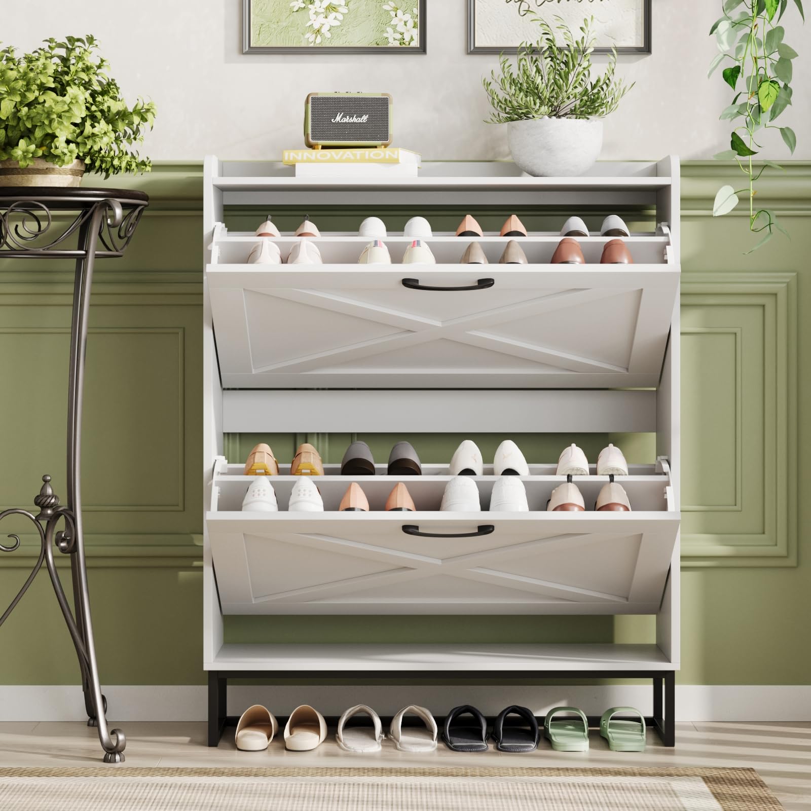 Maupvit 2-Tier Flip-Drawer Shoe Storage Cabinet with Metal Legs - Freestanding Entryway Shoe Organizer, Narrow Shoe Rack for Hallway, Living Room & Bedroom (White) - Perfect for Small Spaces & Apartment Entryways