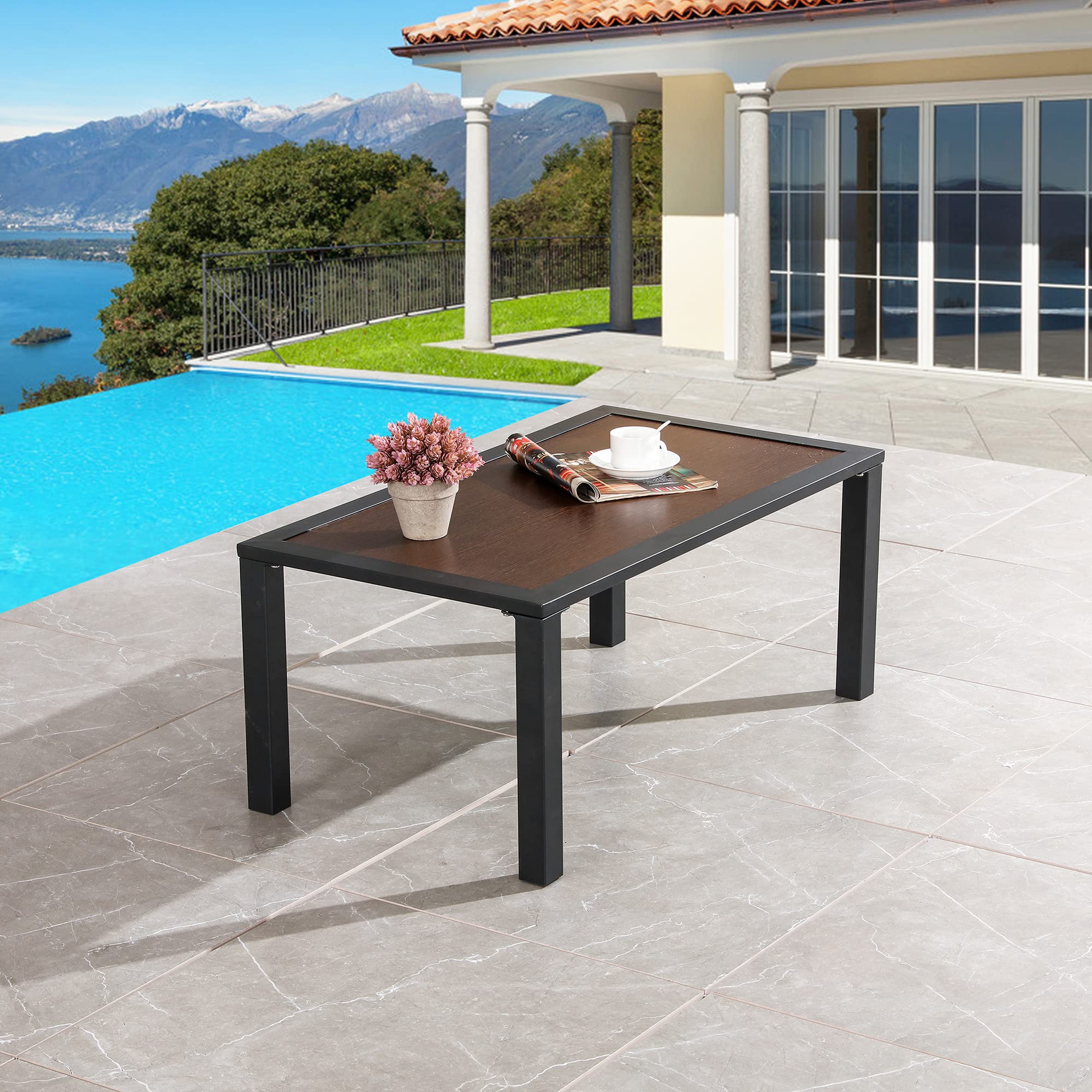 All-Weather Brown Metal Frame Outdoor Coffee Table for Patio & Garden