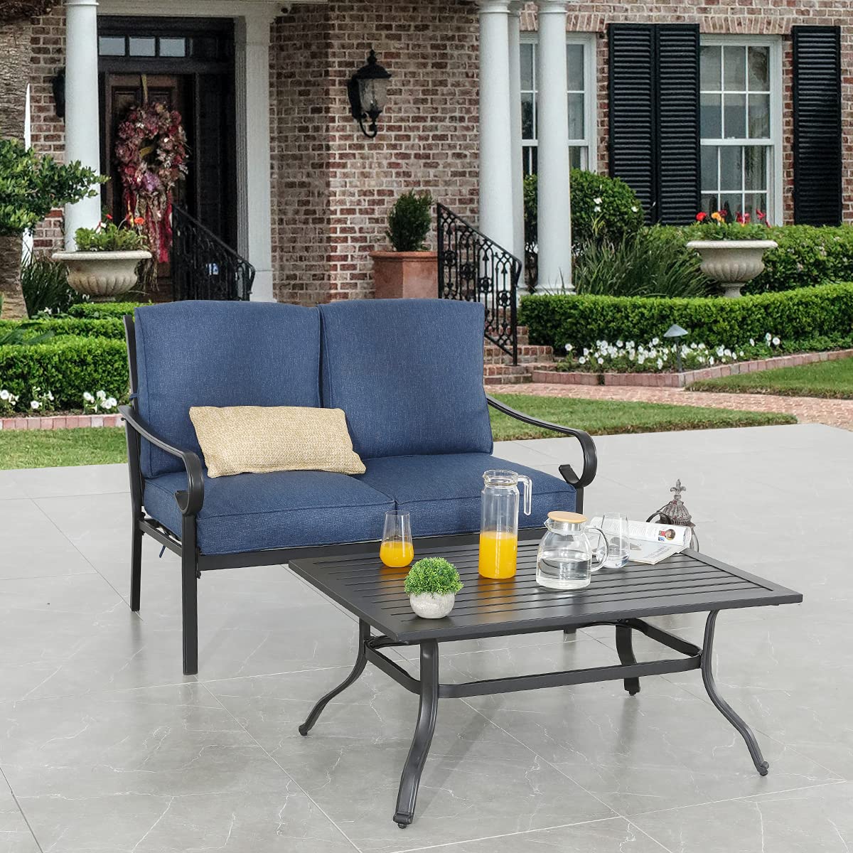 PatioFestival 2-Person Outdoor Loveseat Bench with 6.3 Inch Cushion & Coffee Table - All-Weather Steel Frame Patio Furniture for Garden, Deck, Backyard & Poolside Relaxation
