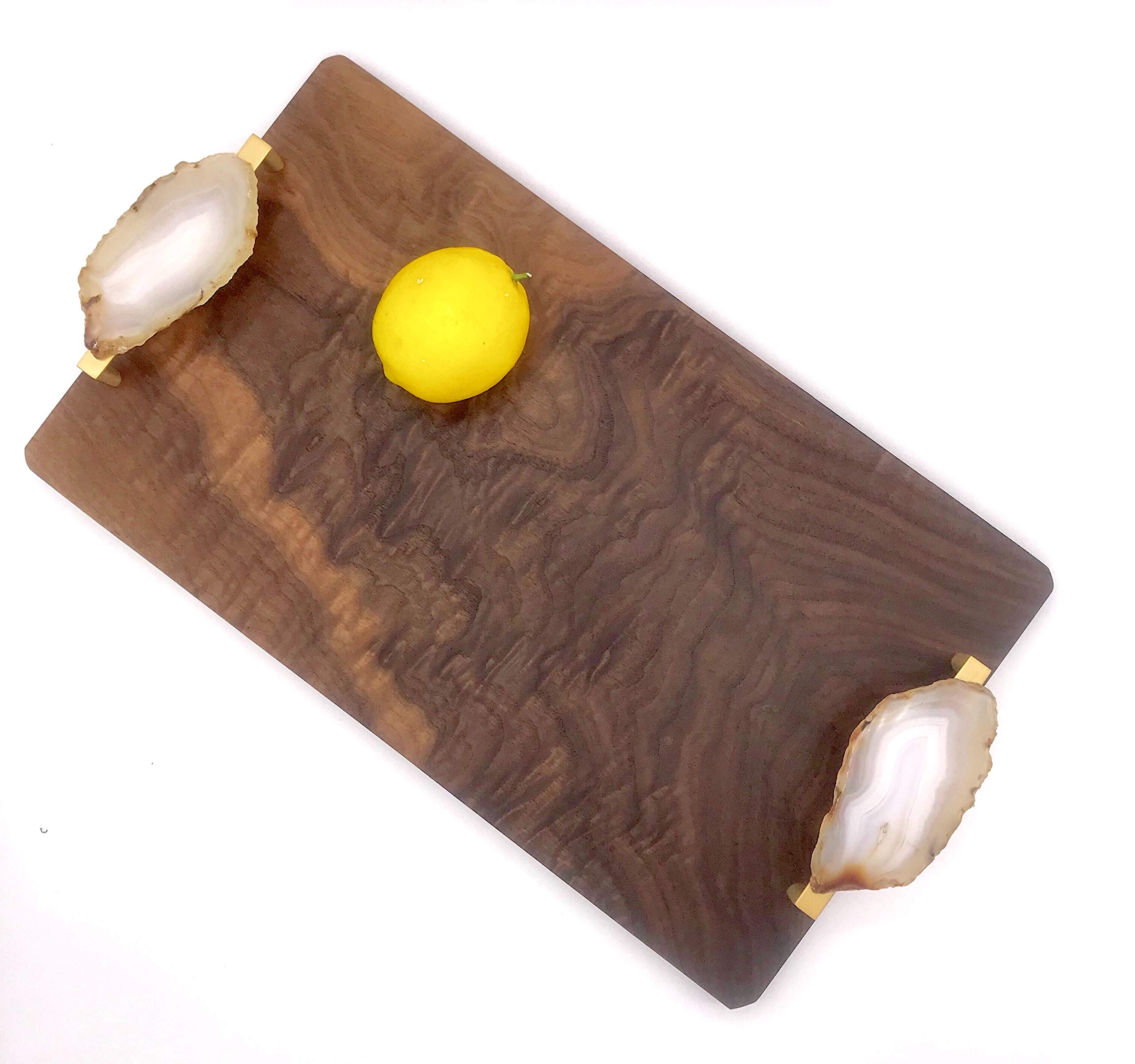 Premium Solid Walnut Wood Serving Tray - Natural Agate Handle Cheese Board & Charcuterie Platter for Entertaining, Wedding Gifts, and Kitchen Decor