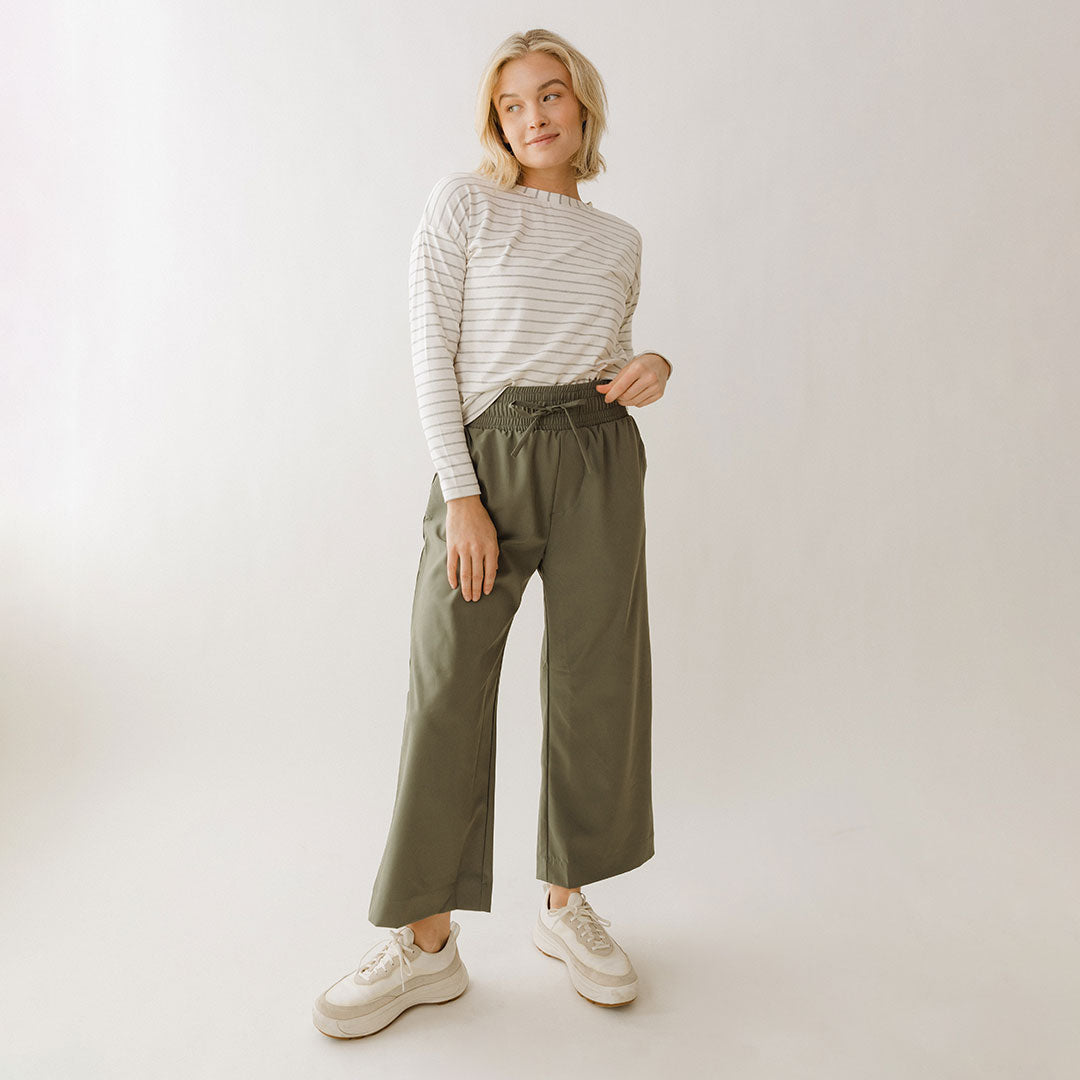 Audrey Wide Leg Pants for Women - Olive Green High Waist Palazzo Trousers | Comfortable Office Wear & Casual Outfit