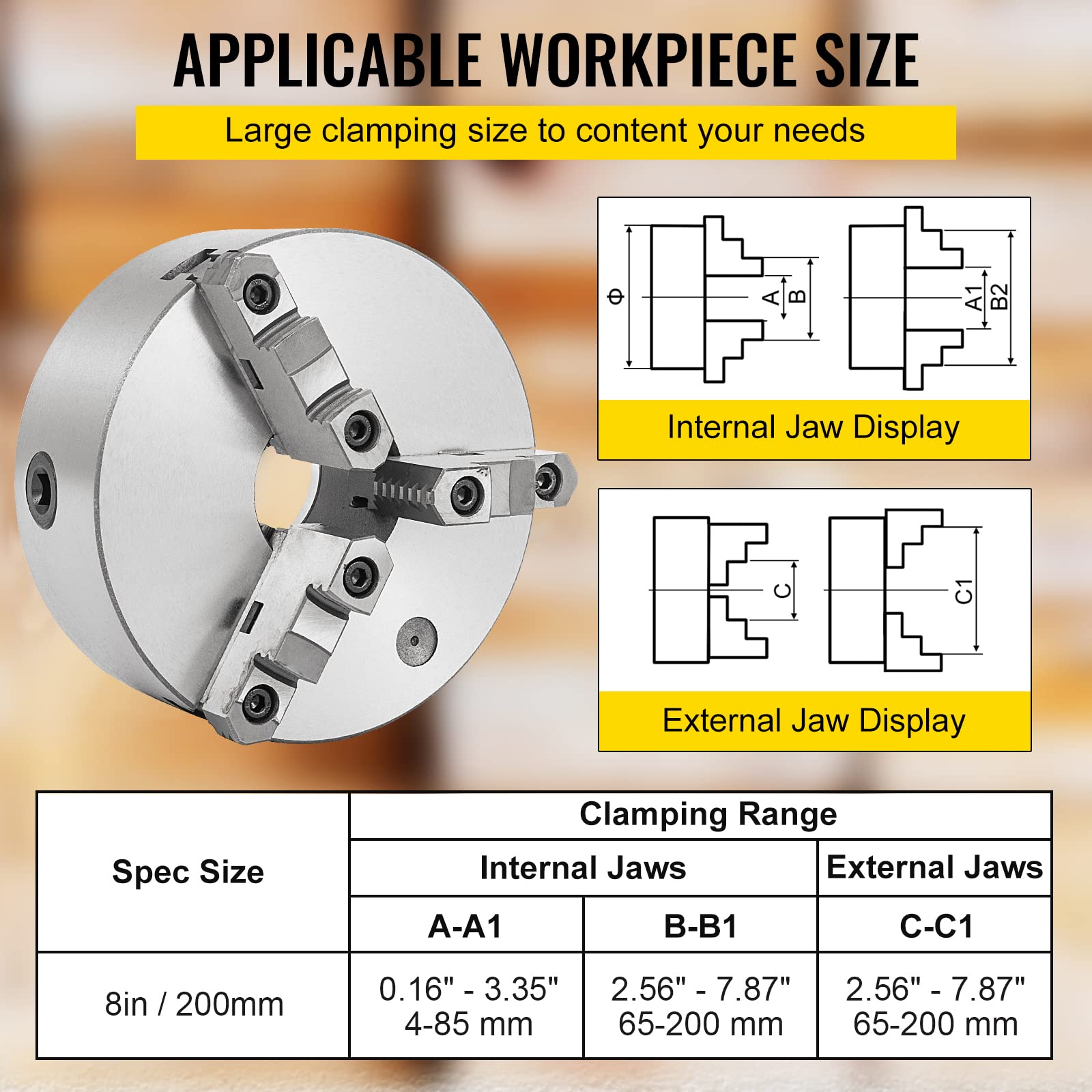 OrangeA K11-200 8 Inch 3 Jaw Self Centering Lathe Chuck - Hardened Steel Jaws for Internal & External Grinding - Compatible with Lathe, Drilling & Milling Machines - Perfect for Metalworking, Woodturning & DIY Projects
