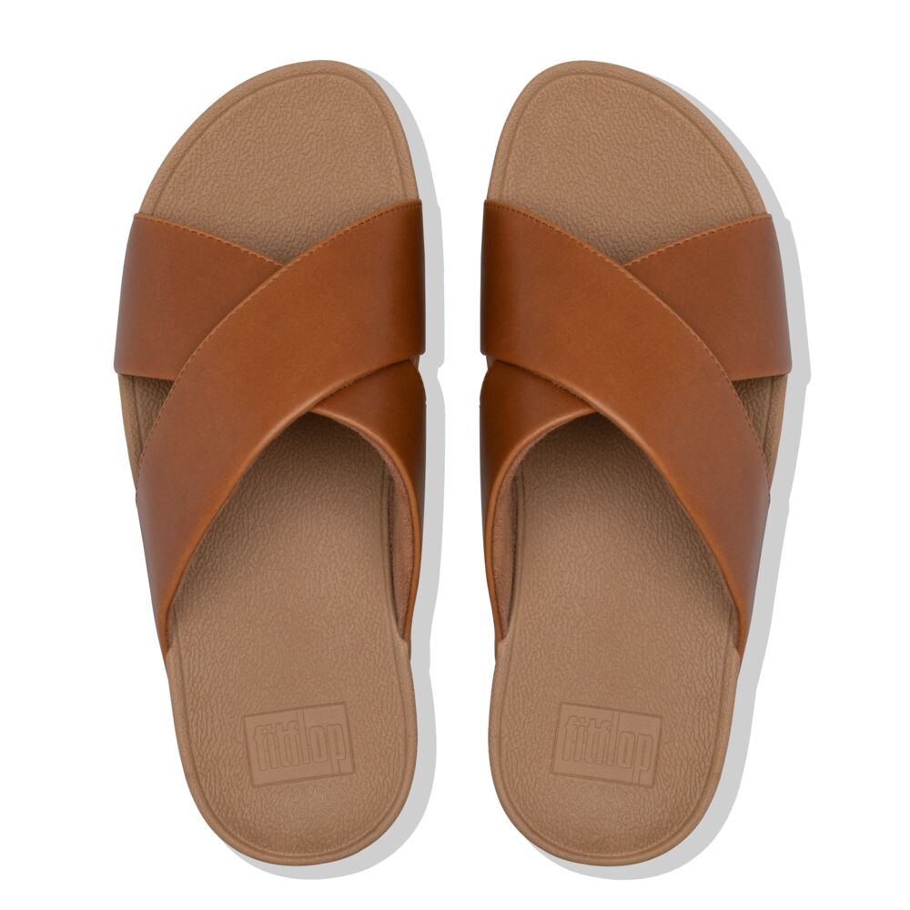 FitFlop Lulu Leather Cross Slide Sandals for Women - Comfortable Light Tan Summer Shoes for Walking, Travel & Casual Outings