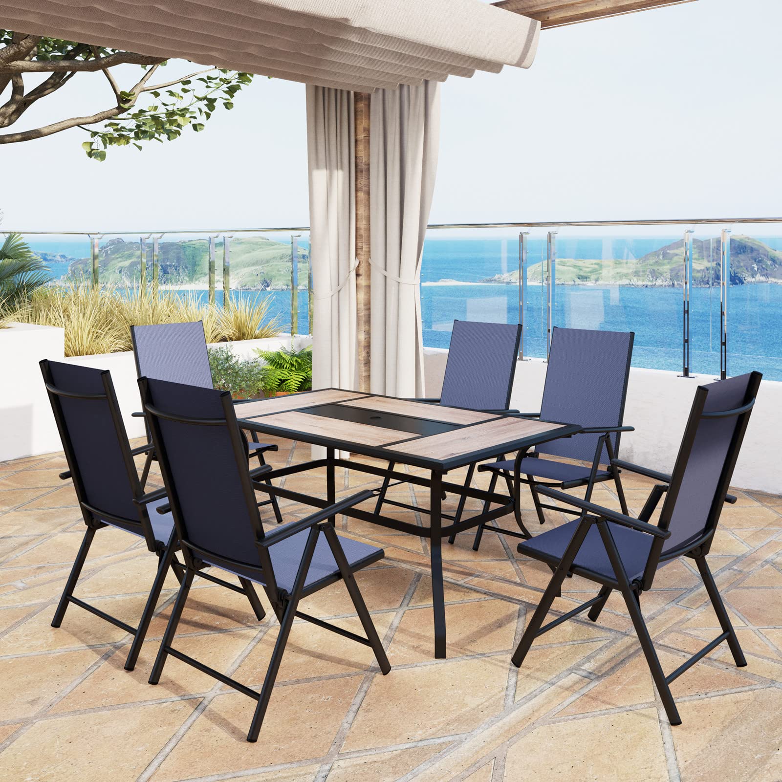 MFSTUDIO 6-Piece Outdoor Dining Set - Adjustable Height Aluminum Folding Chairs with Wood-Like Table Top - Patio Furniture for Garden, Backyard & Poolside Dining - Blue