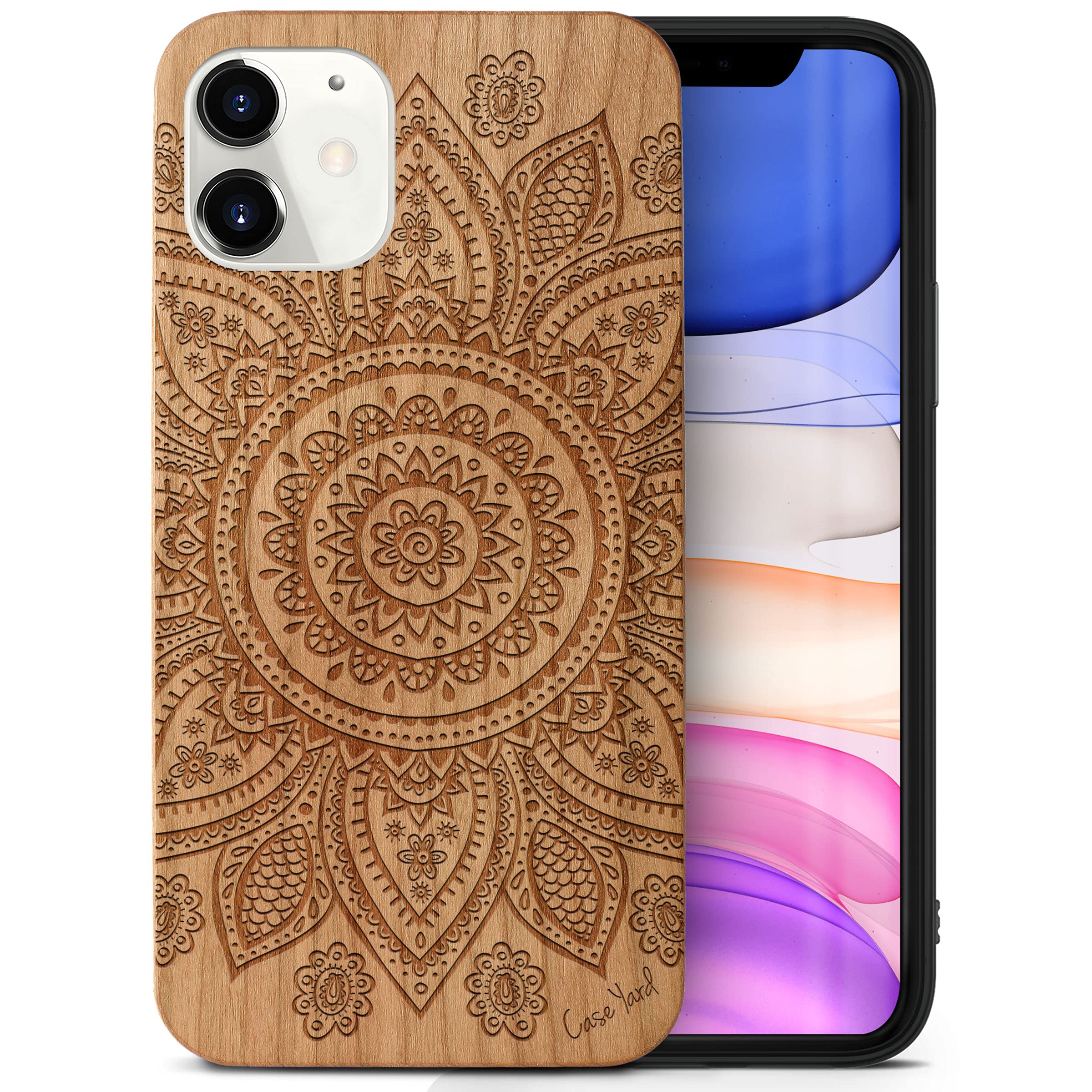 CaseYard Wooden Phone Case for iPhone 12 Mini - Laser Engraved Mandala Design Cherry Wood Cover | Slim Fit Shockproof Protective Case for Men & Women | Perfect for Outdoor Adventures & Daily Use