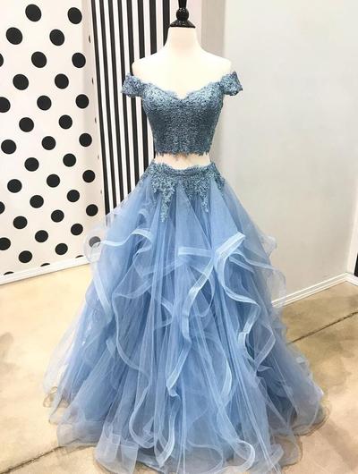 Elegant Off Shoulder Short Sleeve Lace Two-Piece Prom Dress - Light Blue Evening Gown for Formal Events, Parties & Special Occasions