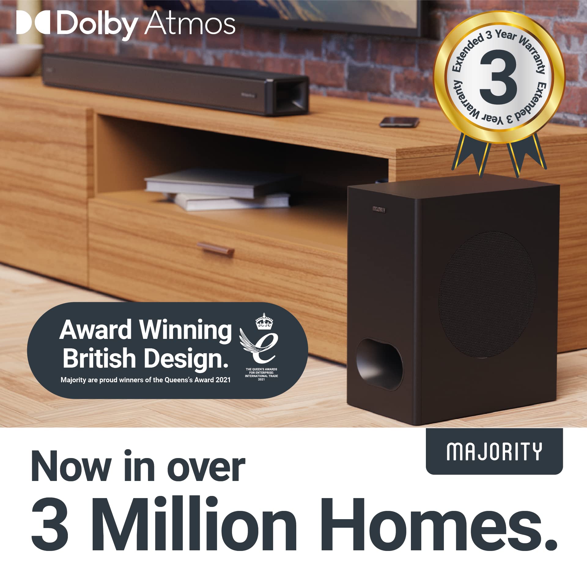 Majority Sierra 2.1.2 Dolby Atmos Soundbar with Wireless Subwoofer - 400W Powerful TV Sound Bar for Home Theater | 3D Audio with Up-Firing Atmos Speakers | HDMI ARC, Bluetooth, USB & AUX | Perfect for Movie Nights & Gaming Setup