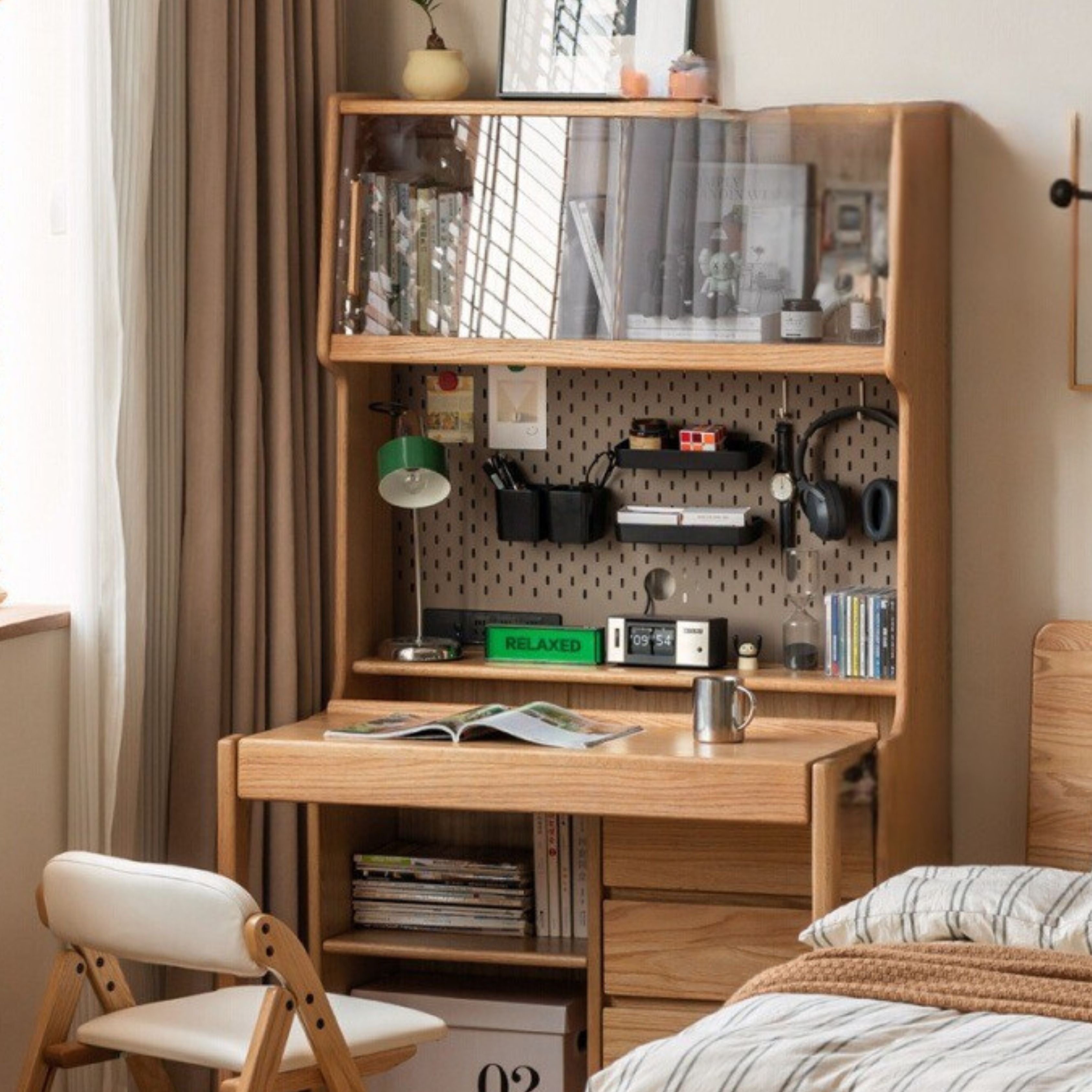 Solid Oak Wood Modern Retractable Desk with Integrated Bookcase - Home Office, Study Room, and Workspace Solution