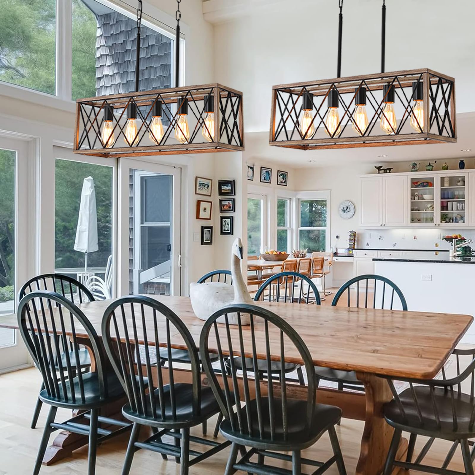 Farmhouse 5-Light Adjustable Height Dining Room Chandelier - Industrial Metal Kitchen Pendant Lighting for Island, Table & Sink - Wood Grain Finish - Perfect for Rustic Kitchens, Dining Areas & Farmhouse Decor
