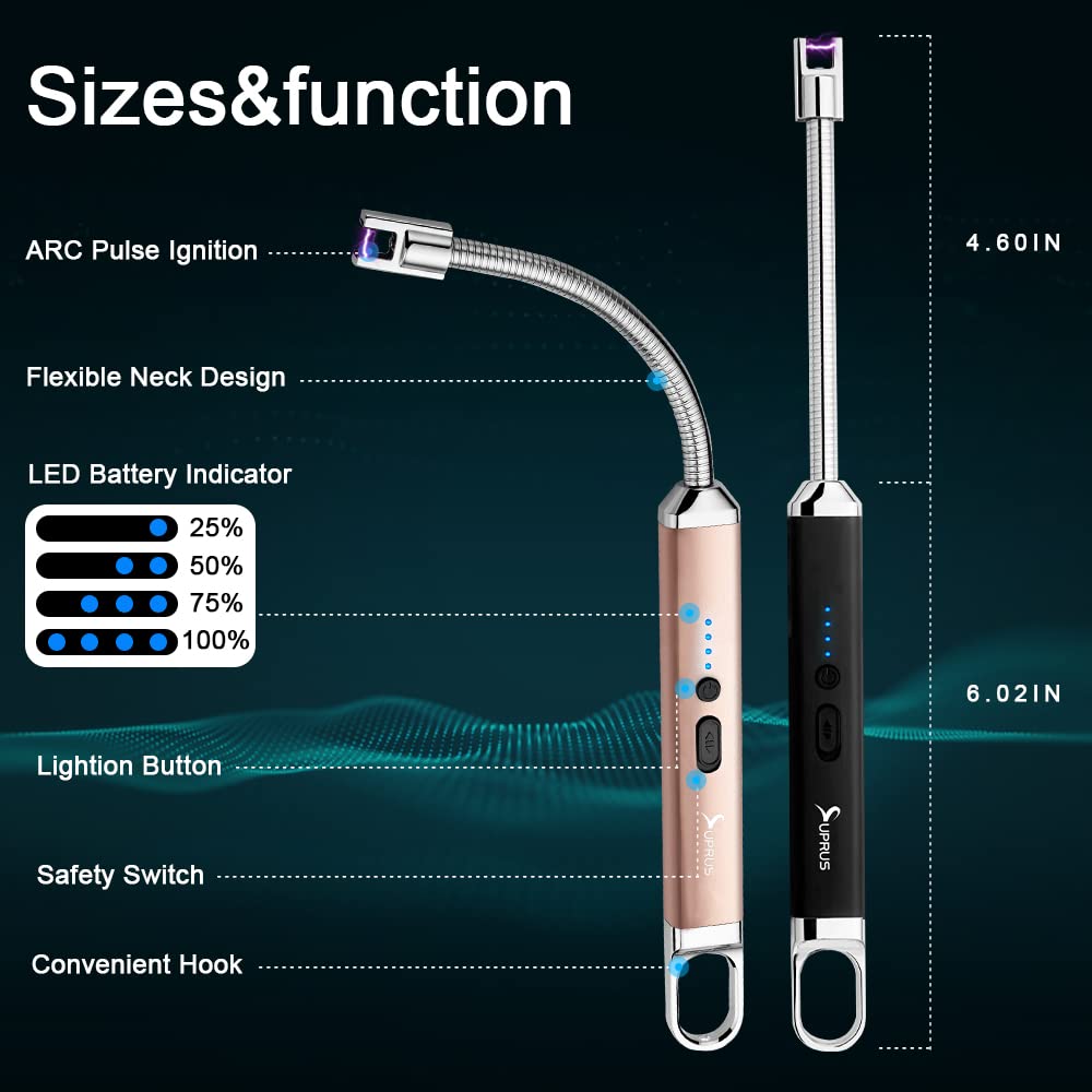 SUPRUS Rechargeable USB Arc Lighter with Safety Switch - 360° Flexible Neck, Flameless Electric Lighter for Candles, Camping, Cooking & Outdoor Use (Black + Champagne Gold) - Perfect for Home, Travel, and Emergency Kits