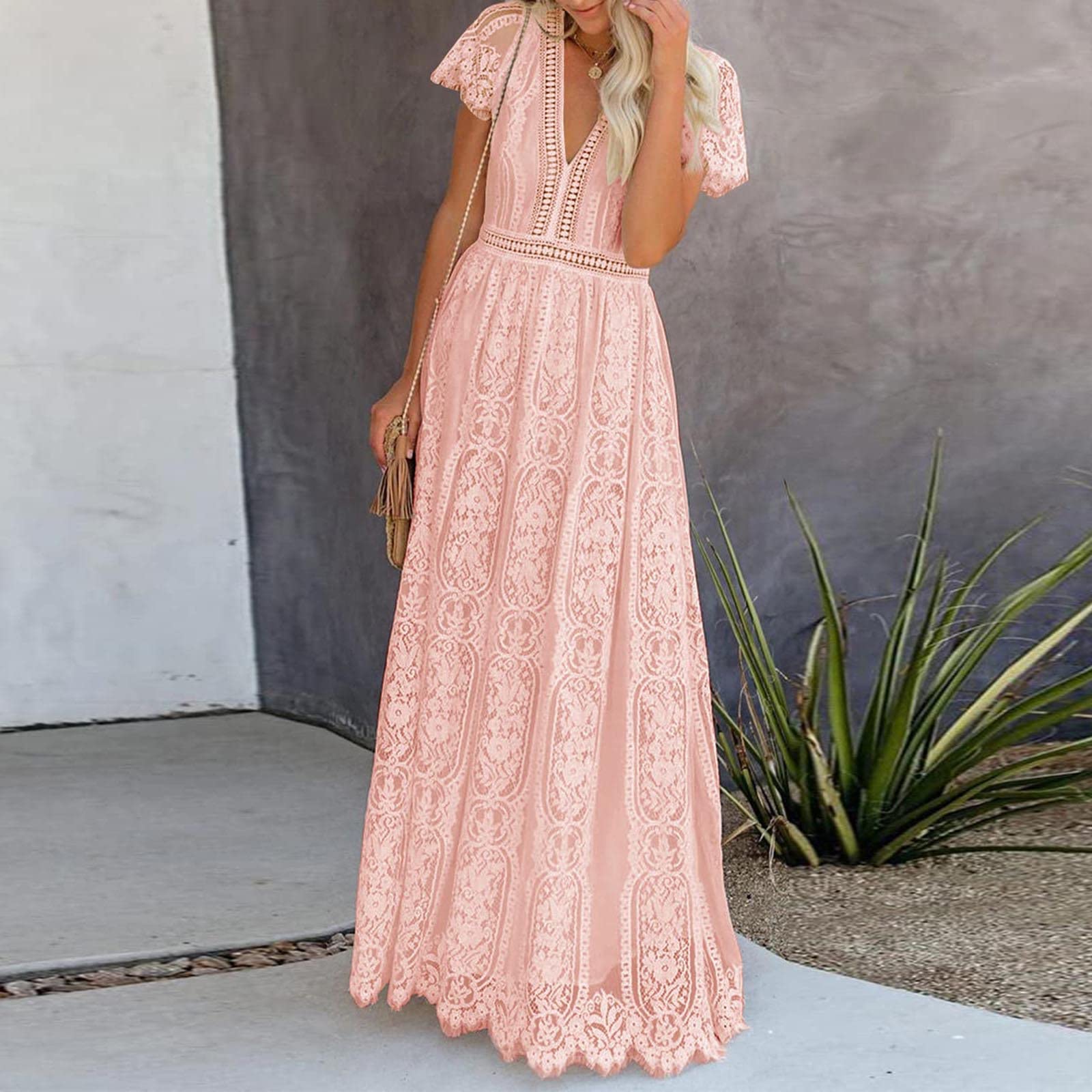 Elegant RKSTN Summer Maxi Dress for Women - V-Neck Short Sleeve Floral Lace Dress | Wedding Guest, Bridesmaid & Prom Long Dress 2024 | Perfect for Beach Parties, Garden Weddings & Formal Events