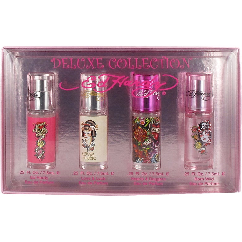 Ed Hardy Deluxe Collection 4-Piece 7.5ML Miniature Perfume Spray Gift Set for Women - Perfect for Travel, Gifting & Everyday Fragrance