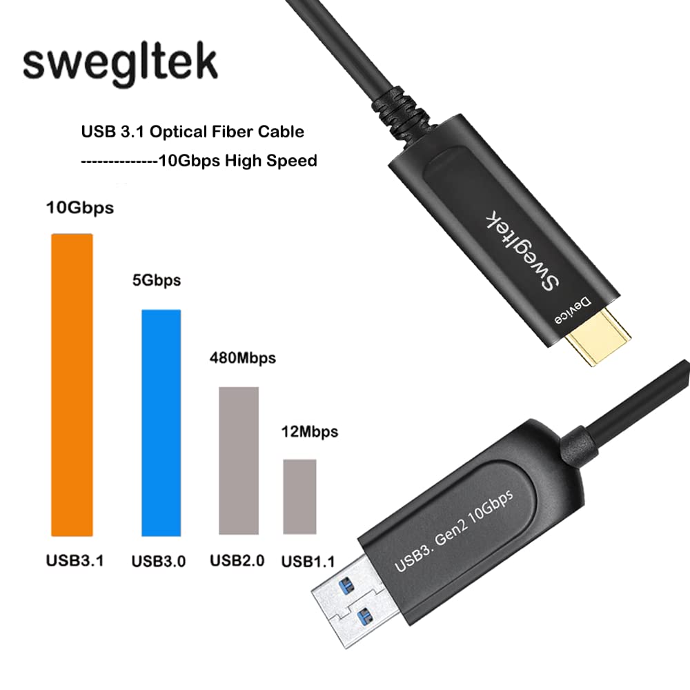 High-Speed 33ft USB A to USB C Fiber Optic Cable 10Gbps - Compatible with Industrial Cameras, Medical Equipment, Printers & Gaming Controllers - Perfect for Machine Vision, Security Systems & Broadcast Studios