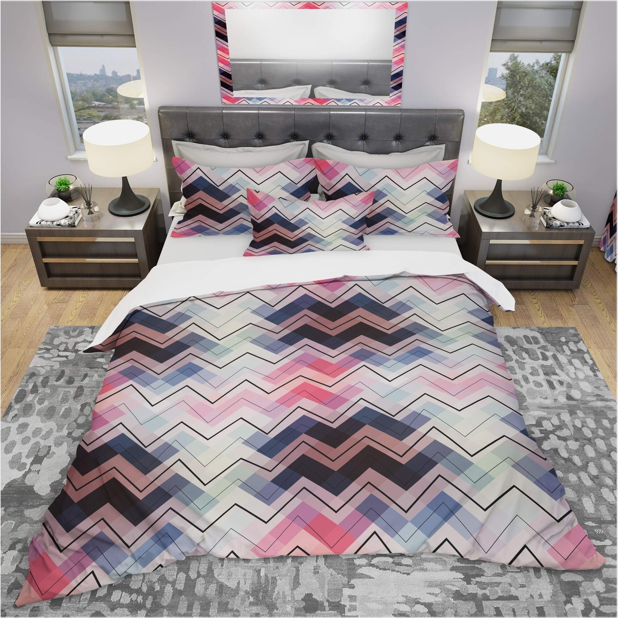 Designart 'Geometric Chevron in Blue and Pink' Modern Bedding Set - King Duvet Cover & 2 Shams | Contemporary Home Decor for Master Bedroom & Guest Room
