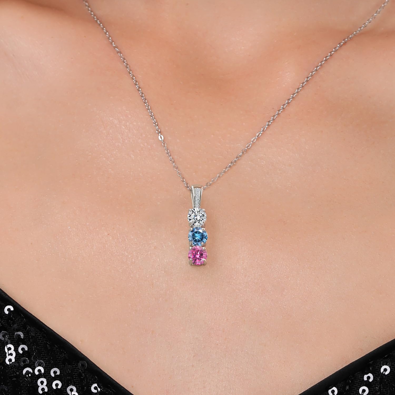 Custom Personalized Diamond & 3 Gemstone Birthstone Mother's Necklace in 925 Sterling Silver | 3-Stone Pendant Necklace for Women | Round 5MM Gemstones | 18