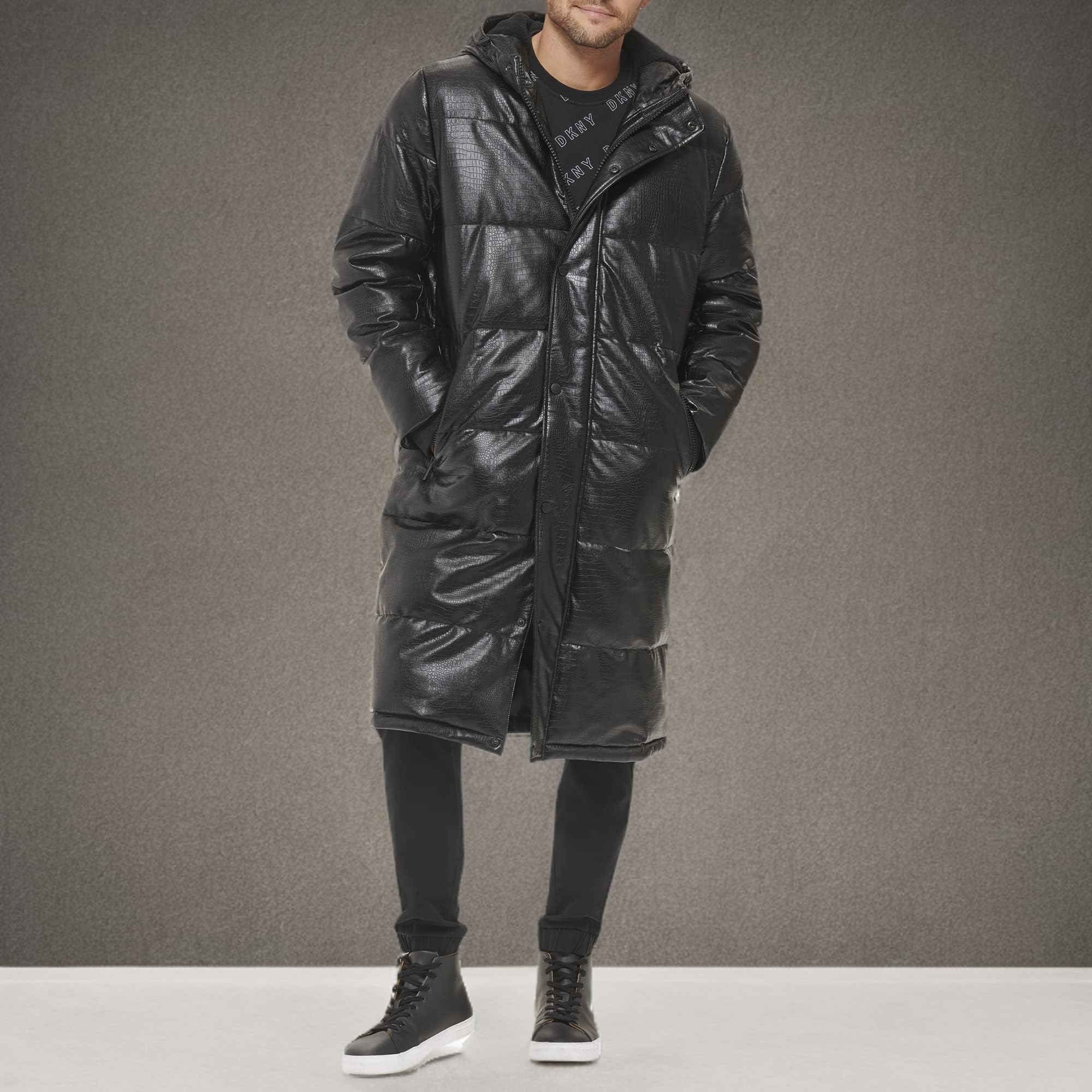 DKNY Men's Faux Leather Long Quilted Winter Coat - Stylish Warm Jacket for Outdoor Activities & Casual Wear