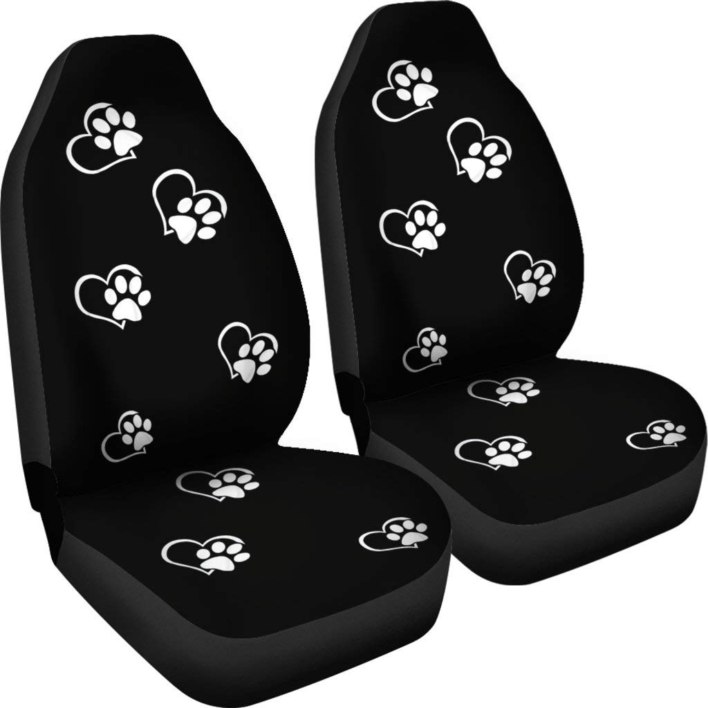 Black and White Puppy Paw Print Heart Car Seat Covers - 2-Piece Set for Dogs & Cats - Universal Fit for Sedan, SUV, Truck, Van - Soft Pet-Friendly Seat Protectors for Women & Girls - Perfect for Road Trips and Daily Commutes