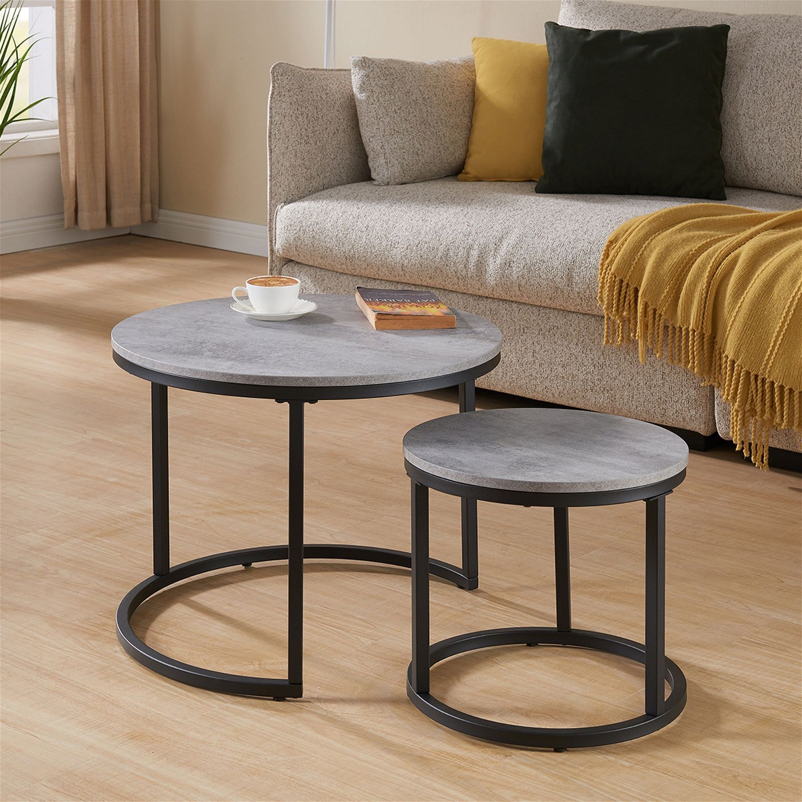 Censi ECHO 600 Nested Coffee Table Set - Modern Cement Finish Side & End Tables for Living Room, Lounge, Office - Space-Saving Nesting Design
