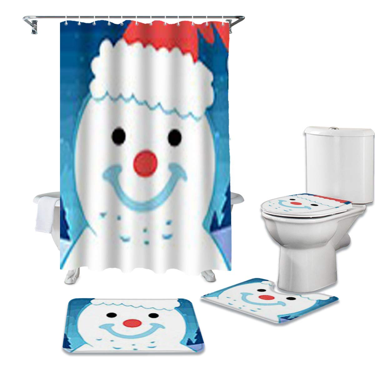 4-Piece Merry Christmas Bathroom Set - Non-Slip Bath Mat, Contour Mat, Toilet Lid Cover & Waterproof Shower Curtain with 12 Hooks, Smiling Snowman Cartoon Design - Perfect Holiday Bathroom Decor for Christmas Party & Winter Home Decor
