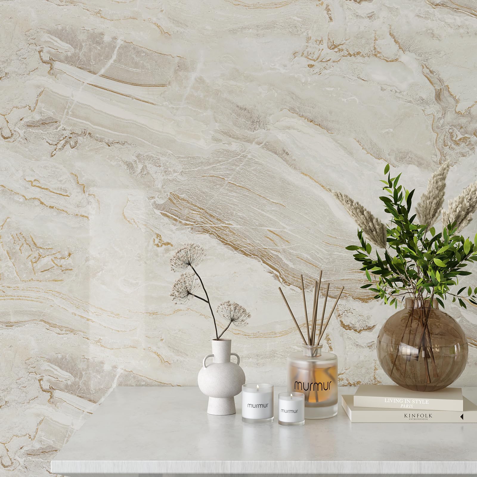 VEELIKE 15.7''x118'' Beige Gold Liquid Marble Contact Paper - Peel & Stick Waterproof Granite Countertop Cover - Self-Adhesive Vinyl Roll for Kitchen, Bathroom, Table & Wall Decor - Perfect for Home Renovation, DIY Projects & Furniture Upcycling