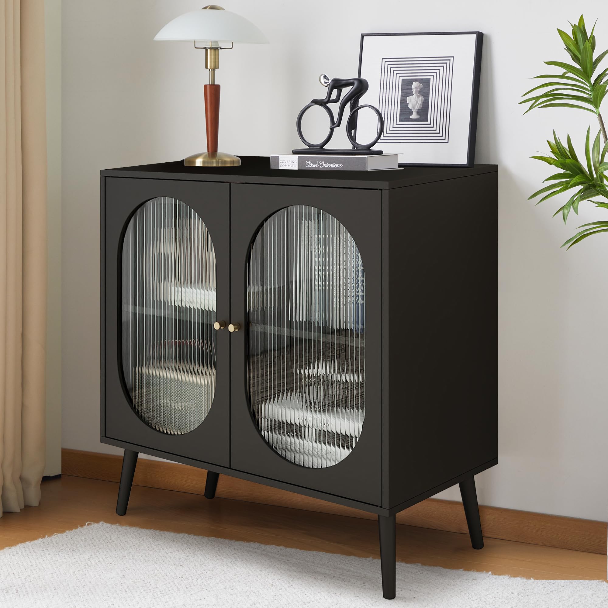 Modern Sideboard Buffet Cabinet with 2 Doors & Adjustable Shelves - Kitchen Storage, Living Room Accent, Hallway Organizer - Black Wooden Storage Cabinet for Dining Room, Entryway & Home Decor