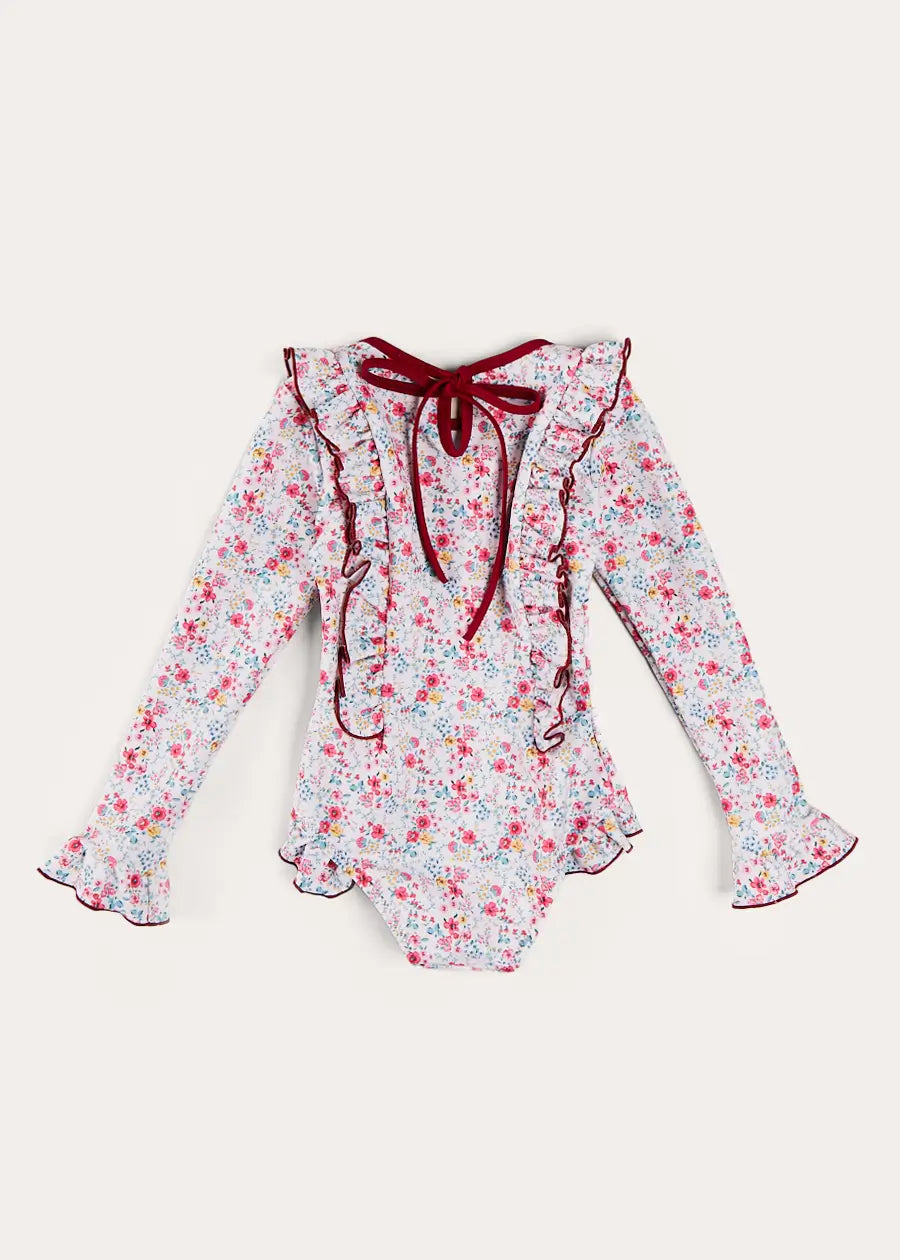 Louisa Floral Ruffle Trim Long Sleeve Swimsuit for Girls 2-10 Years | Pink Swimwear with UV Protection | Perfect for Beach, Pool & Summer Vacations