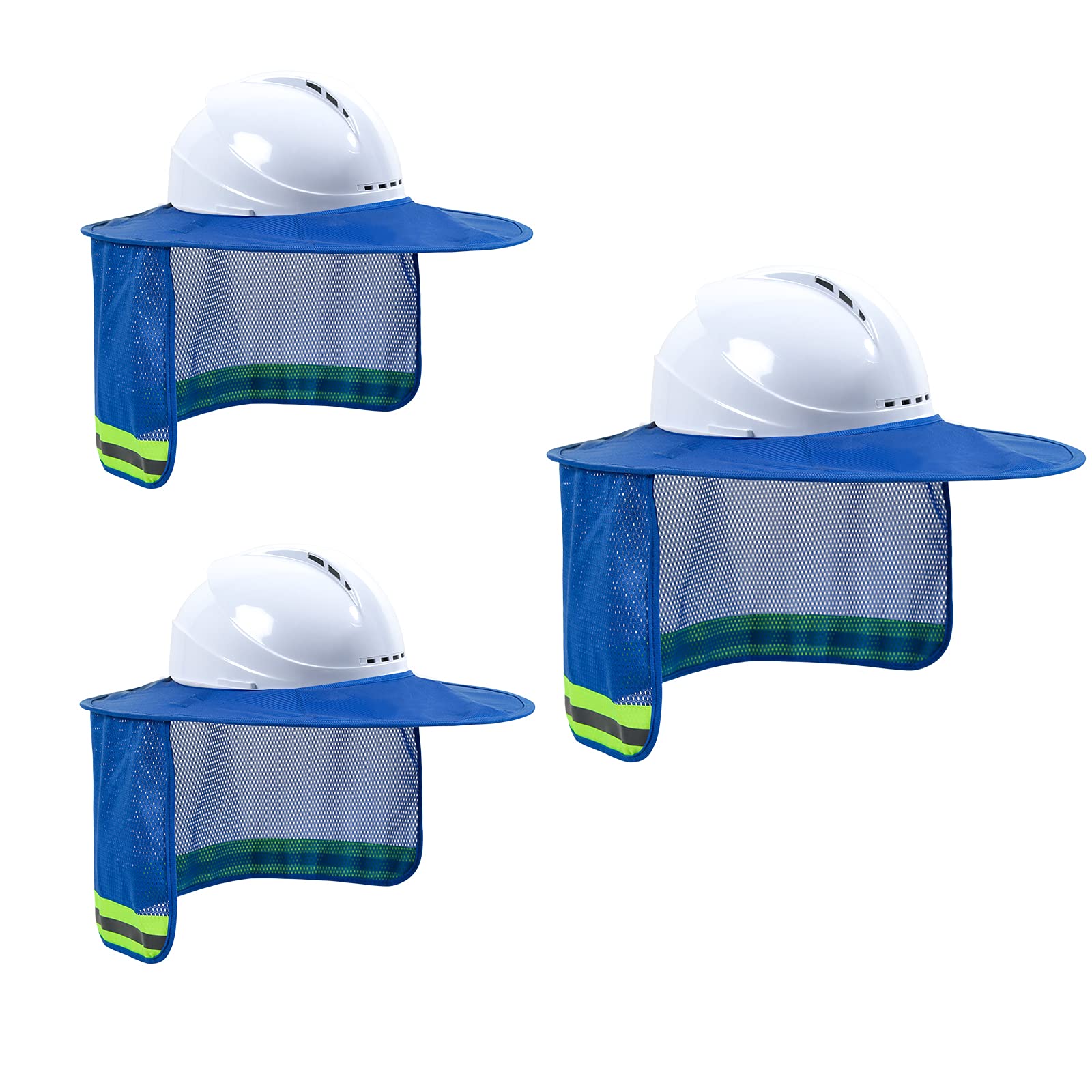 High Visibility Hard Hat Sun Shade with Reflective Strip - Full Brim Sun Visor Neck Shade for Construction & Outdoor Work - Safety Hard Hat Accessories for Men & Women (3 Pack, Blue) - Perfect for Construction Sites, Road Work & Hot Weather Protection