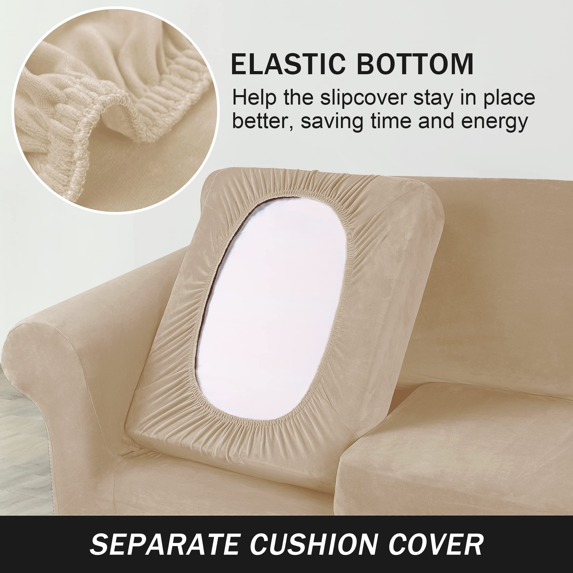 Stretch Sofa Slipcover - Ultra Soft Velvet Couch Cover for Pets & Kids | Furniture Protector in Beige Gray (Large) | Perfect for Living Room, Family Room & Pet-Friendly Homes