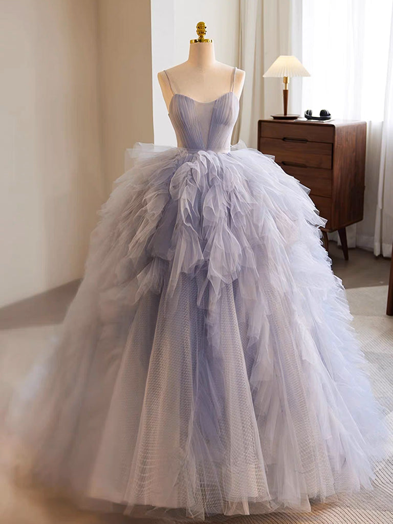 Elegant Blue Tulle Long Prom Gown & Sweet 16 Dress - Formal Evening Gown for Homecoming, Quinceañera, and Special Occasions