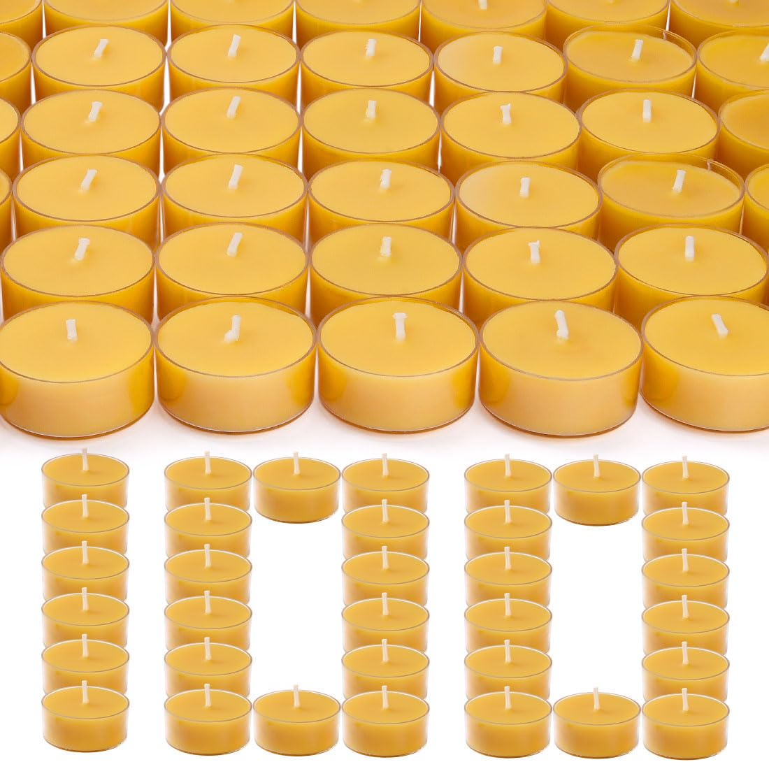100 Pack Pure Beeswax Tealight Candles - Natural Unscented Small Candles for Home, Wedding, Spa & Relaxation | Clean Burning Yellow Beeswax Candles in Bulk for Aromatherapy, Meditation & Decor