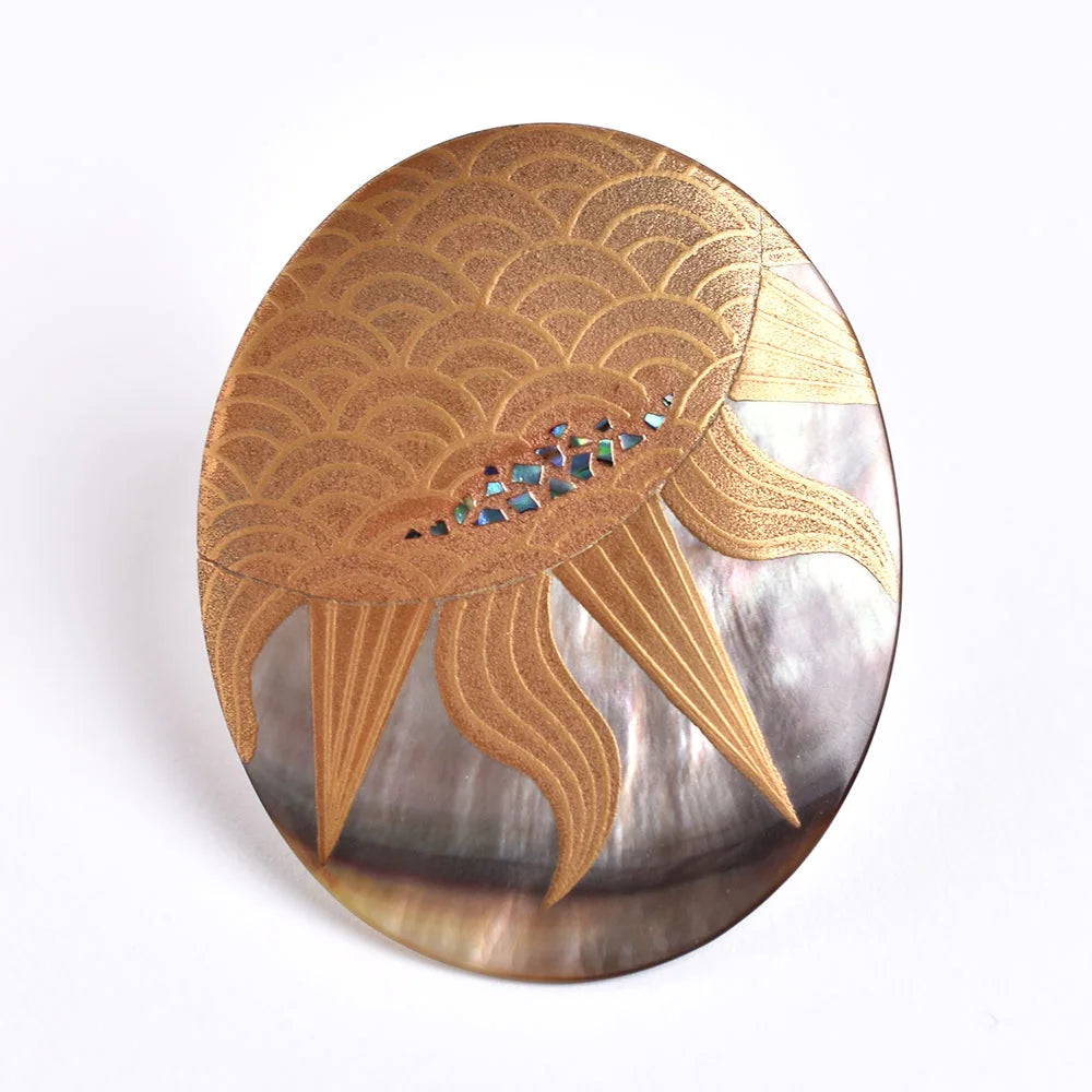 Handcrafted Maki-e Urushi Lacquer Brooch with Black Lip Oyster Pearl Shell & Sun Design | Traditional Japanese Lacquer Jewelry for Women | Perfect for Formal Occasions, Gift Giving & Cultural Events