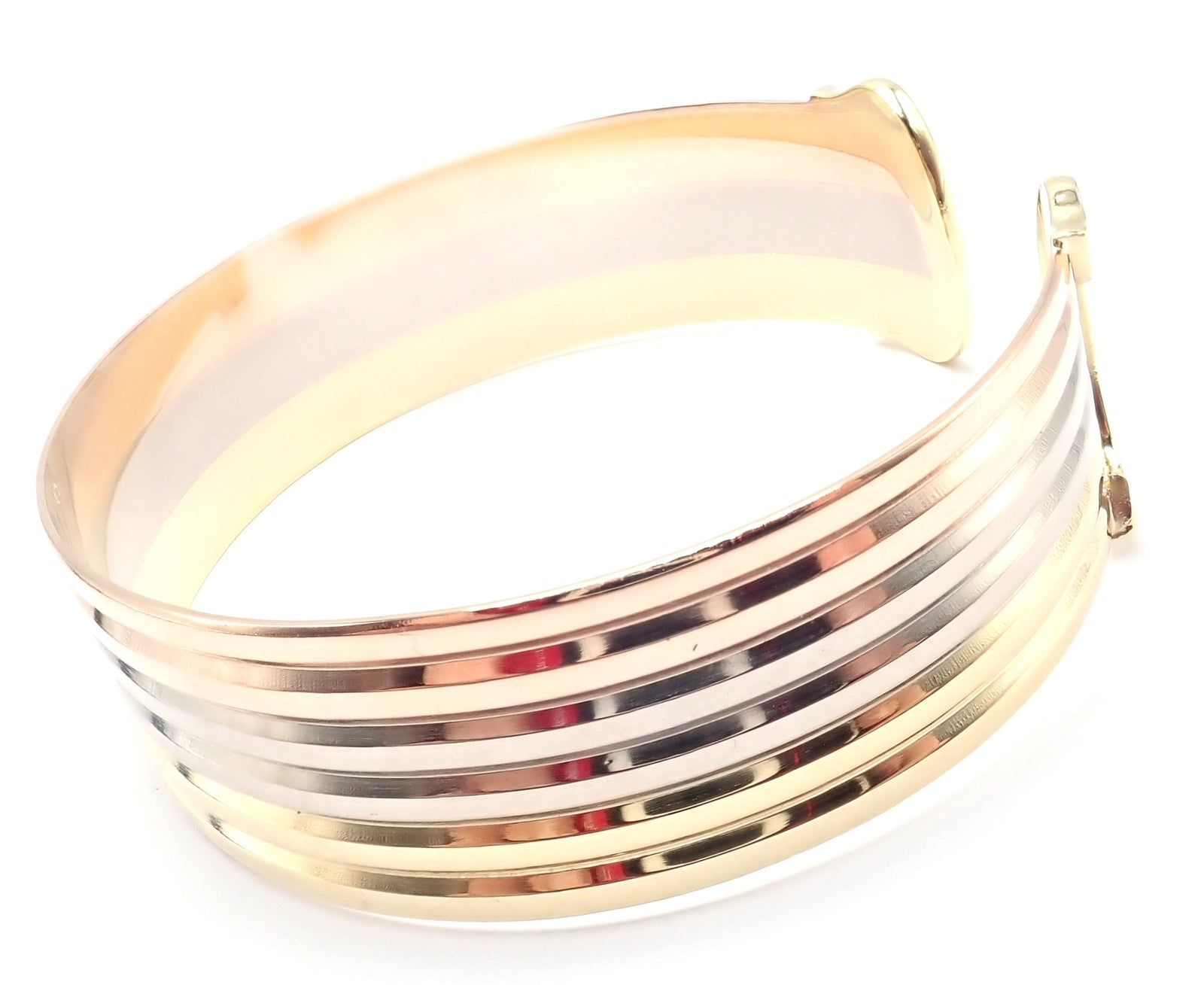 Authentic Cartier 18k Tri-Color Gold Double C Wide Cuff Bangle Bracelet for Women - Luxury Jewelry Gift for Anniversary, Birthday & Special Occasions