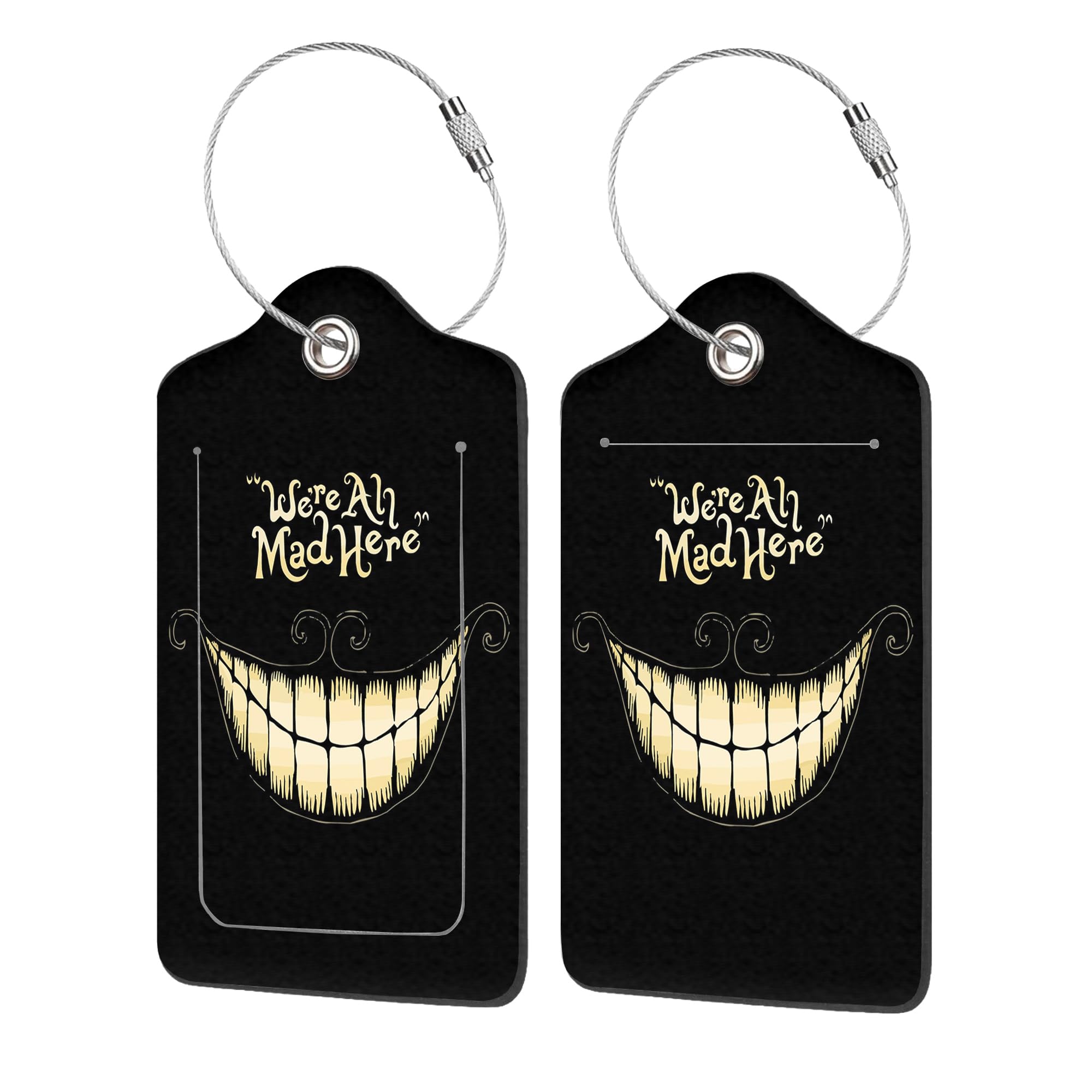 2 Pack Black Halloween Smile PU Leather Luggage Tags - Durable Suitcase Identifiers with Privacy Name & Address Labels, Steel Loop for Travel - Perfect for Halloween Trips, Airports, and Vacation Luggage Identification