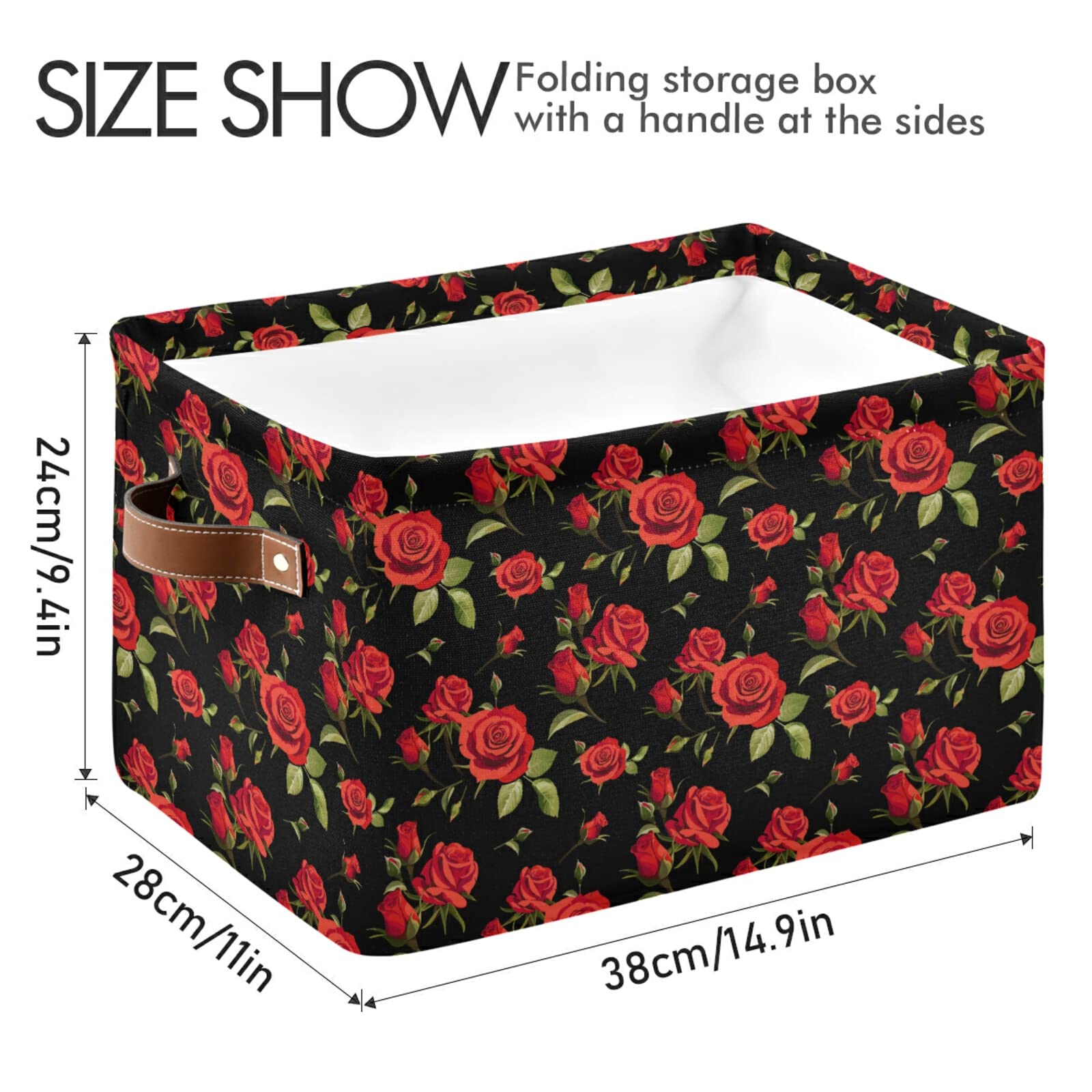 Red Rose Canvas Storage Basket - Large Collapsible Cube Organizer Bin for Home, Office & Closet (15