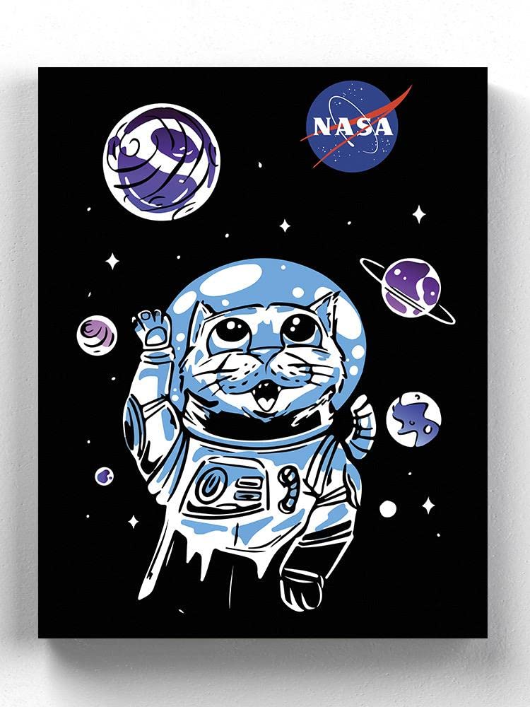 NASA Astronaut Kitten with Planets Wall Art - 11x14 Inch White Canvas Print - Perfect for Kids Room Decor, Space Themed Nursery & Science Lover Gifts