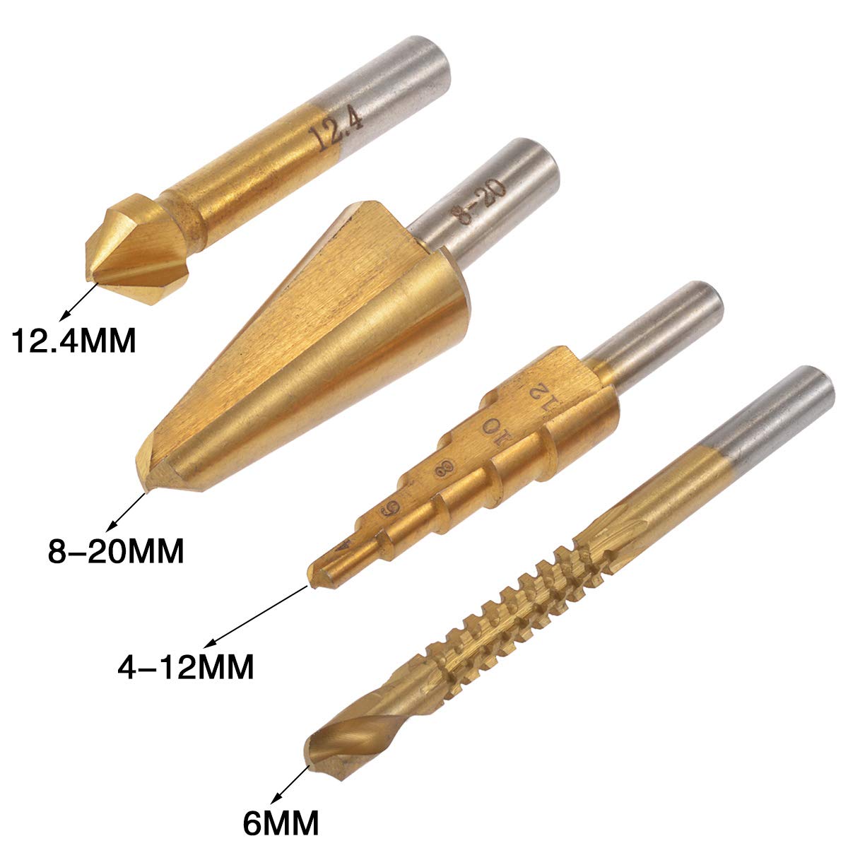 KATUR 4Pcs HSS Titanium Coated Drill Bit Set - 6mm Saw Twist, 4-12mm Step, 8-20mm Umbrella, 12.4mm Chamfering End Mill Cutter (Round Shank) for Metal, Wood, Plastic Drilling | DIY Projects & Professional Use