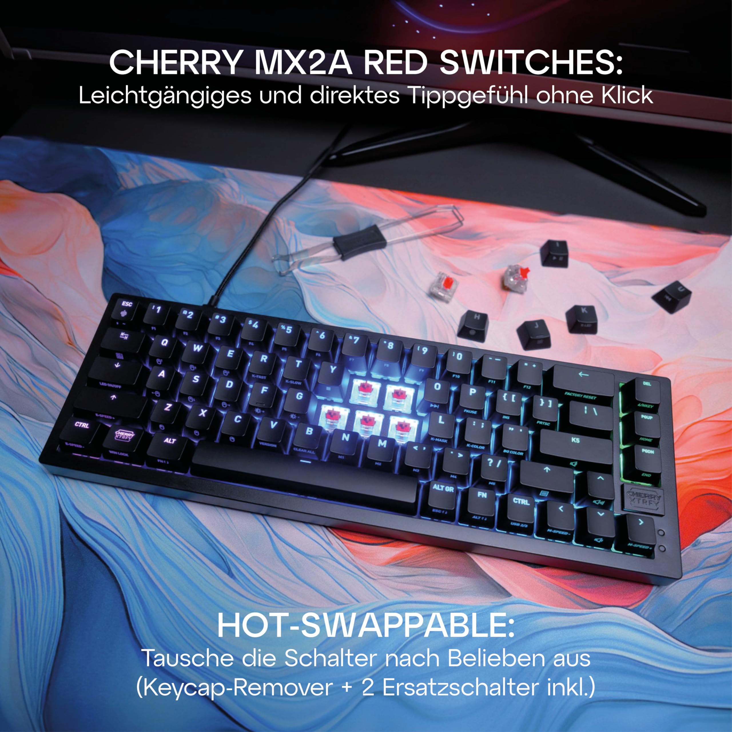 XTRFY K5V2 Compact 65% Mechanical Gaming Keyboard - German QWERTZ Layout, Hot-Swappable MX2A Red Switches, White Transparent Design for Esports & Office Use