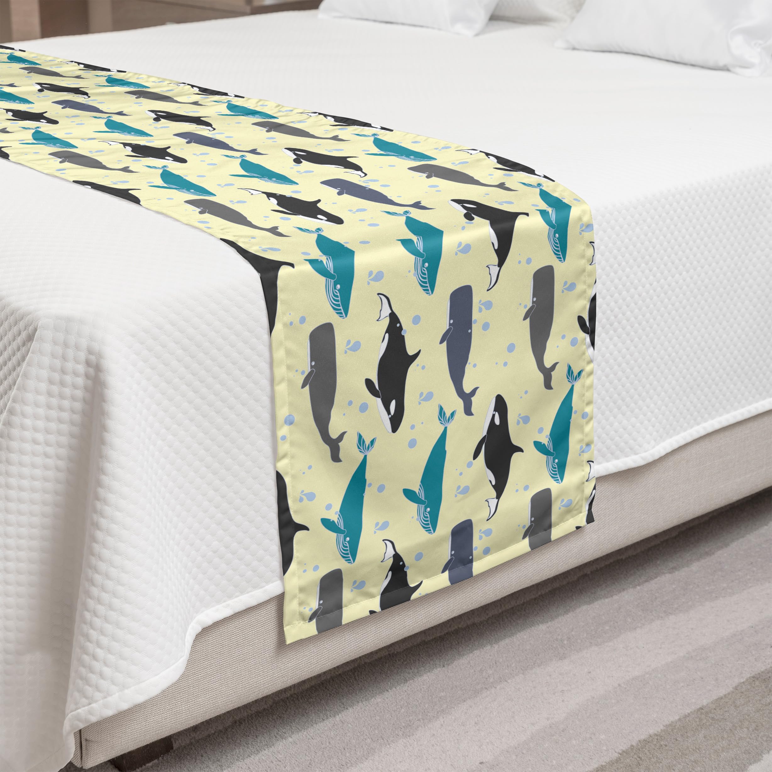 Ambesonne Whale Bed Runner - Ocean Wildlife Theme with Swimming Mammals on Yellow Backdrop, Decorative Bed Scarf for Home, Hotel & Guest Room Decor - Perfect for Coastal, Nautical or Marine Themed Bedrooms
