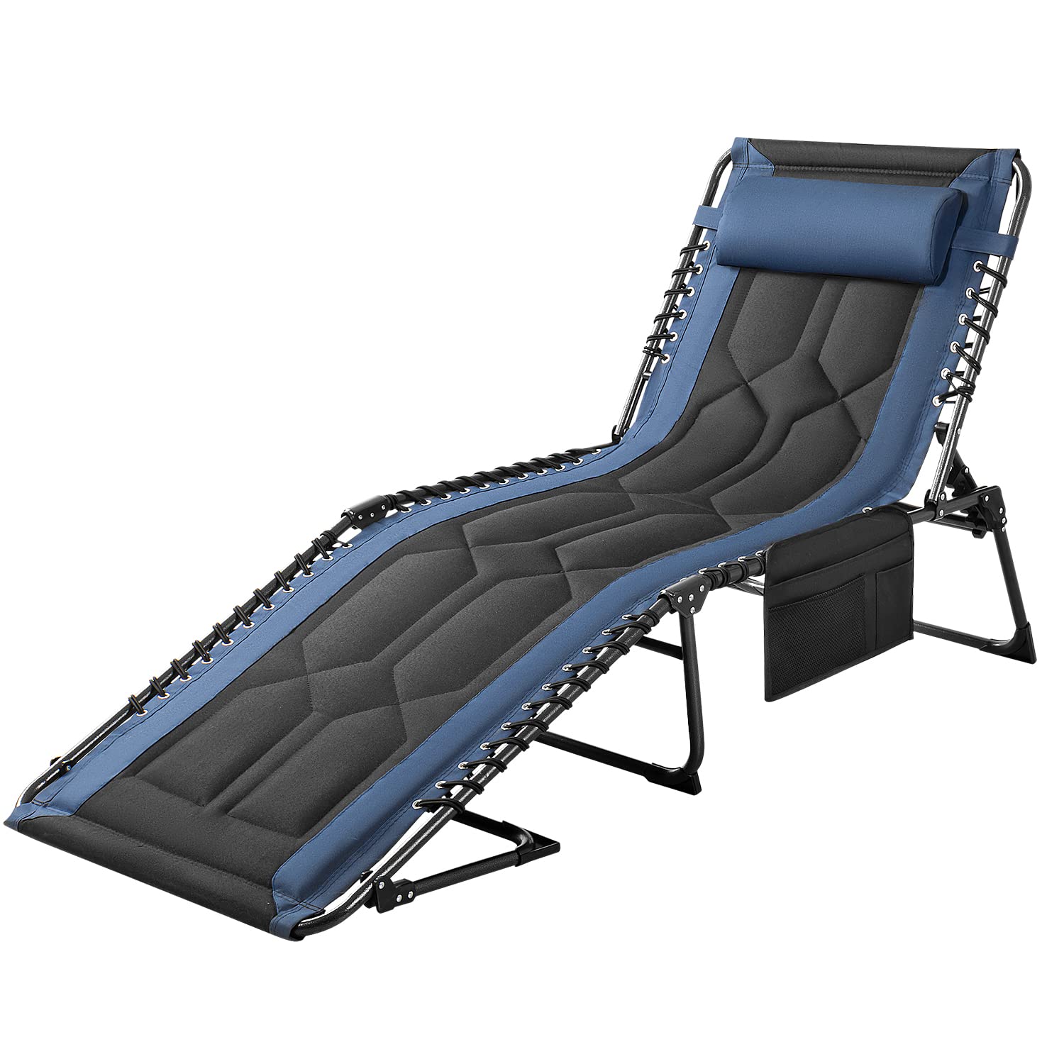 Flamaker 4-Position Adjustable Folding Chaise Lounge Chair - Portable Outdoor Recliner with Pillow & Side Pocket - Lightweight Camping, Beach, Pool Sunbathing Chair for Patio, Backyard, Deck (Blue) - Perfect for Relaxing, Travel & Outdoor Adventures