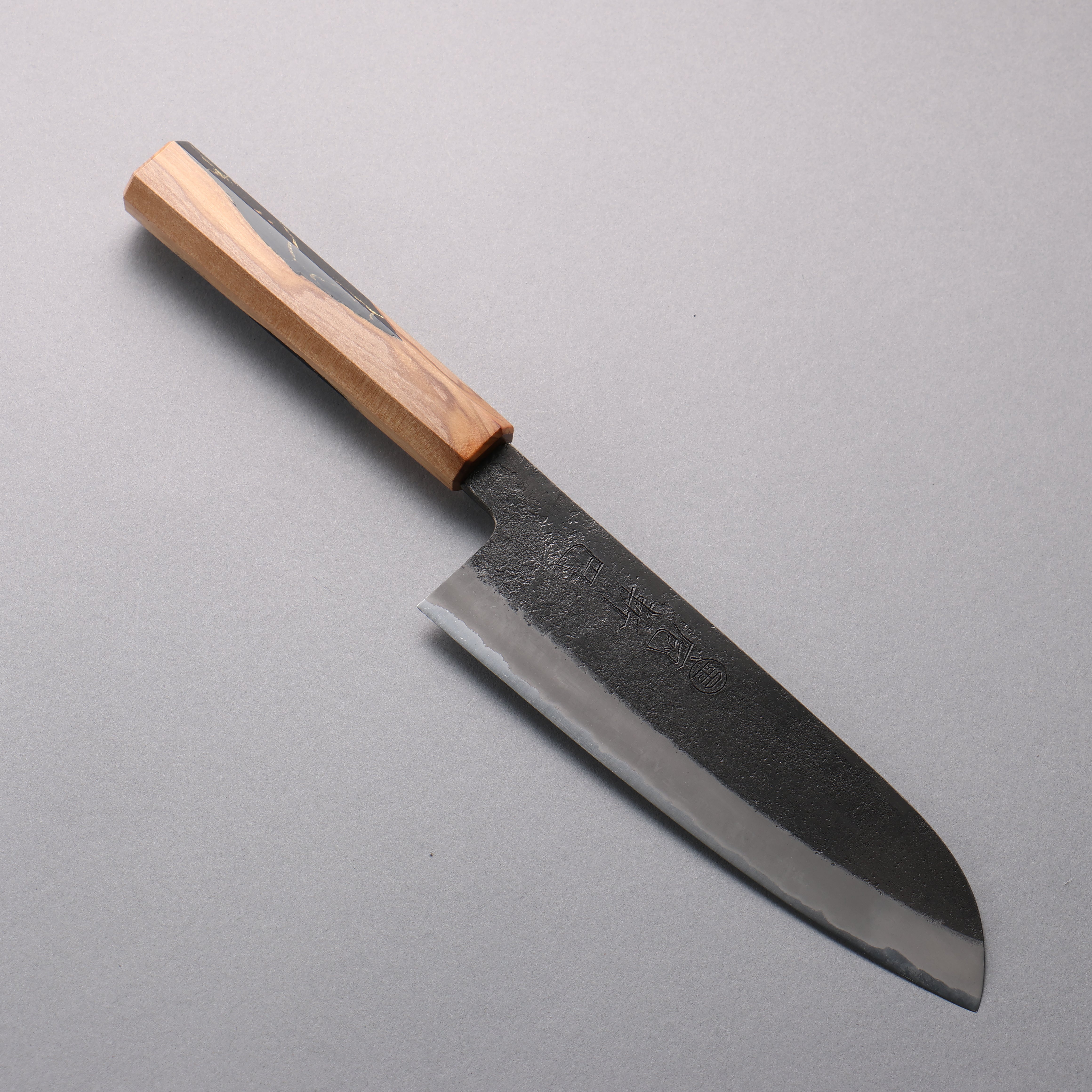 Premium Hozantomoe White Steel No.2 Santoku Knife 165mm - Black Finish with Olive Wood & Resin Handle - Perfect for Slicing, Dicing & Chopping Vegetables, Meat & Fish